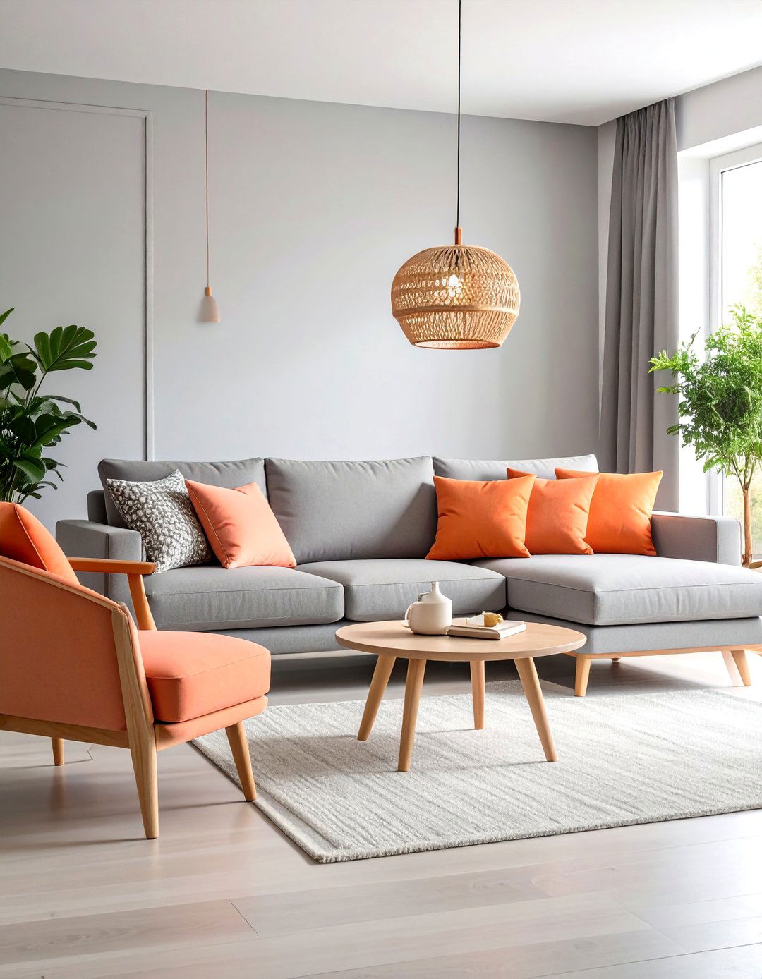 Scandinavian Minimalist Grey and Coral Orange Retreat - 25 Orange and Grey Living Room Ideas