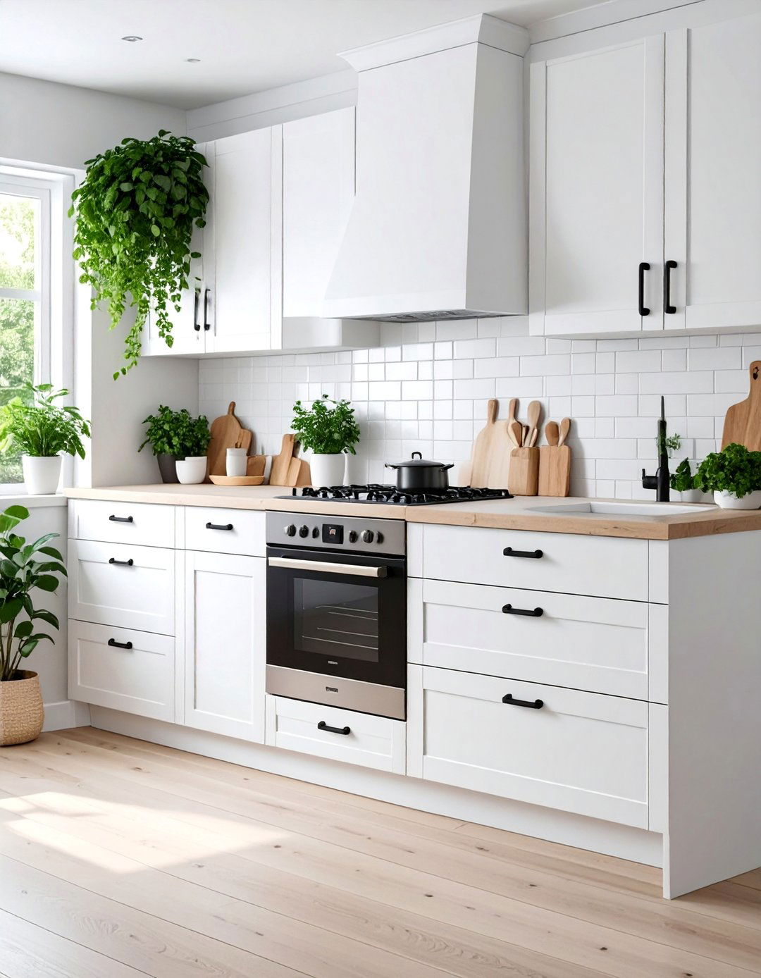 Scandinavian Minimalist Kitchen with Leather Wrapped Pulls - 25 White Kitchen Cabinets With Black Hardware