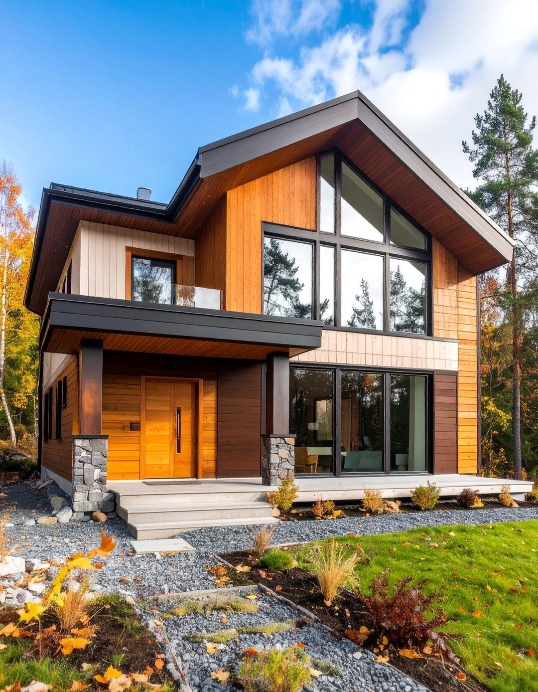 Scandinavian Modern Cream Siding with Brown Natural Wood - 25 Cream and Brown House Exterior Ideas
