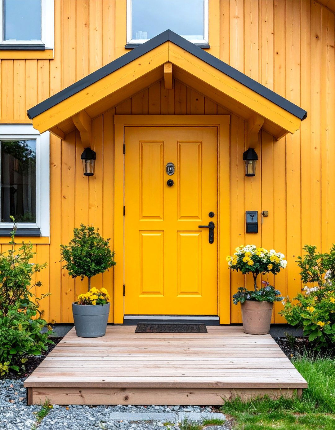Scandinavian Mustard Door with Light Wood Siding - 25 Mustard Yellow Front Door Ideas