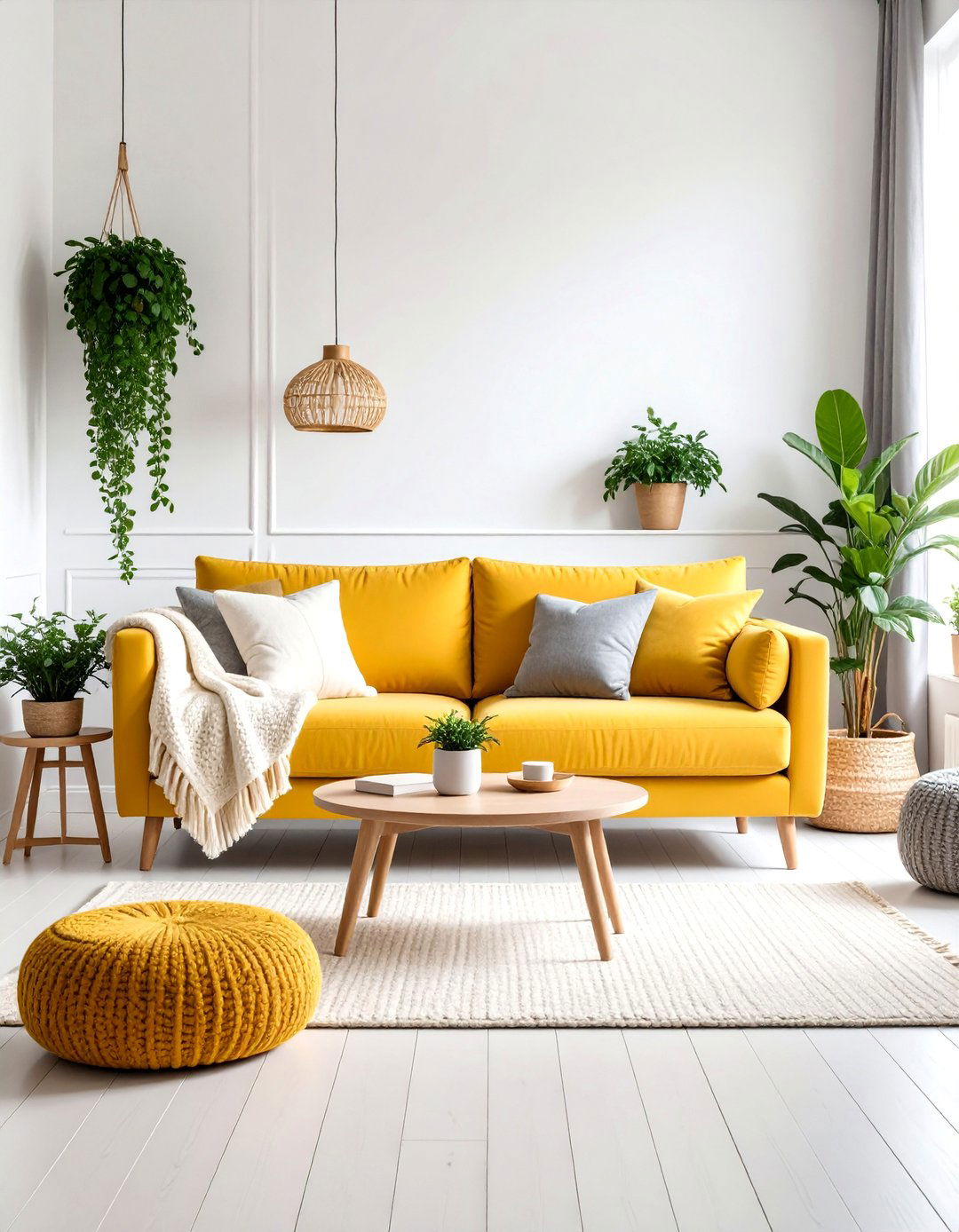 Scandinavian Mustard Sofa with Natural Wood Accents - 25 Yellow Couch Living Room Ideas