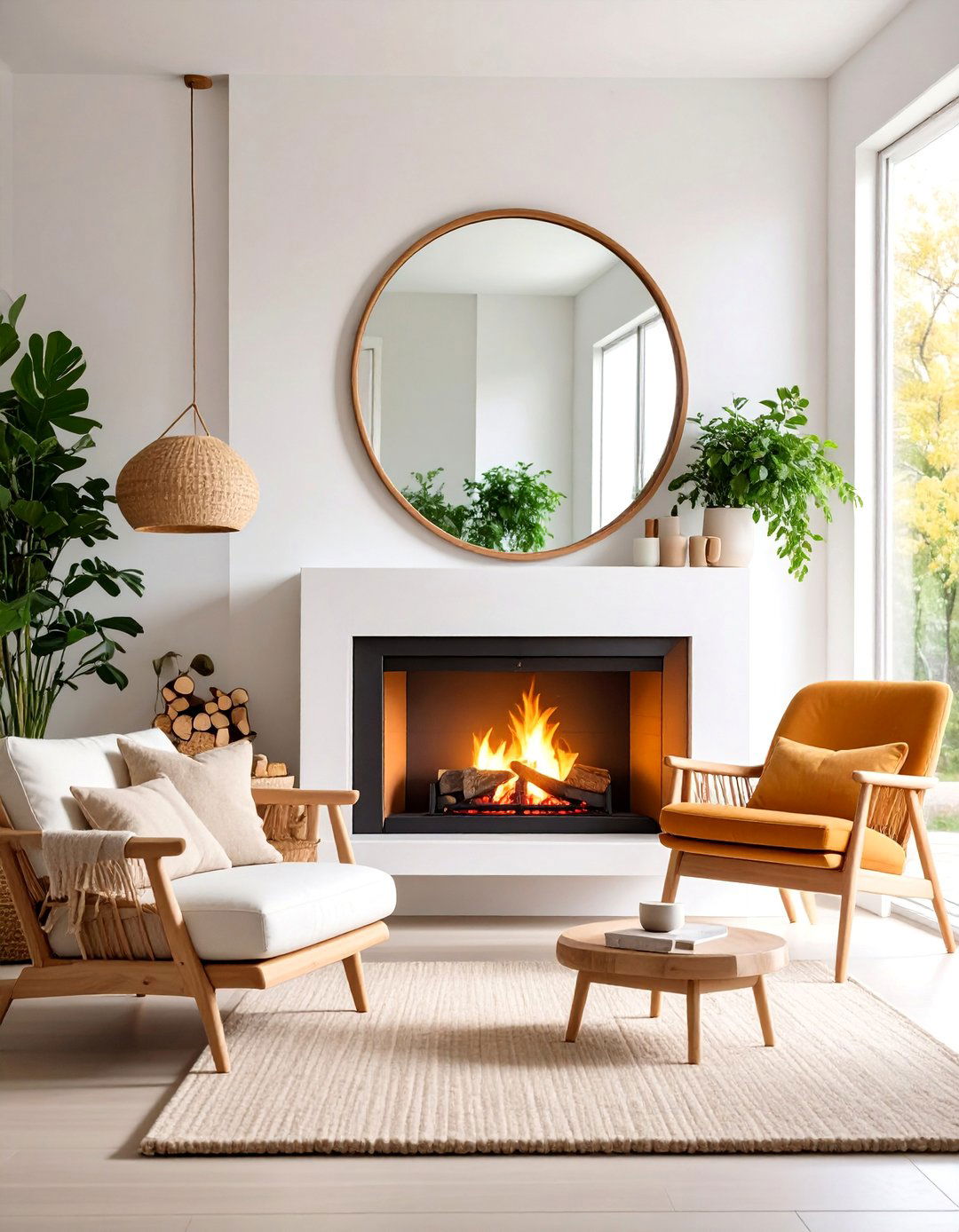 Scandinavian Natural Wood Round Mirror - 25 Mirror Over Fireplace Ideas