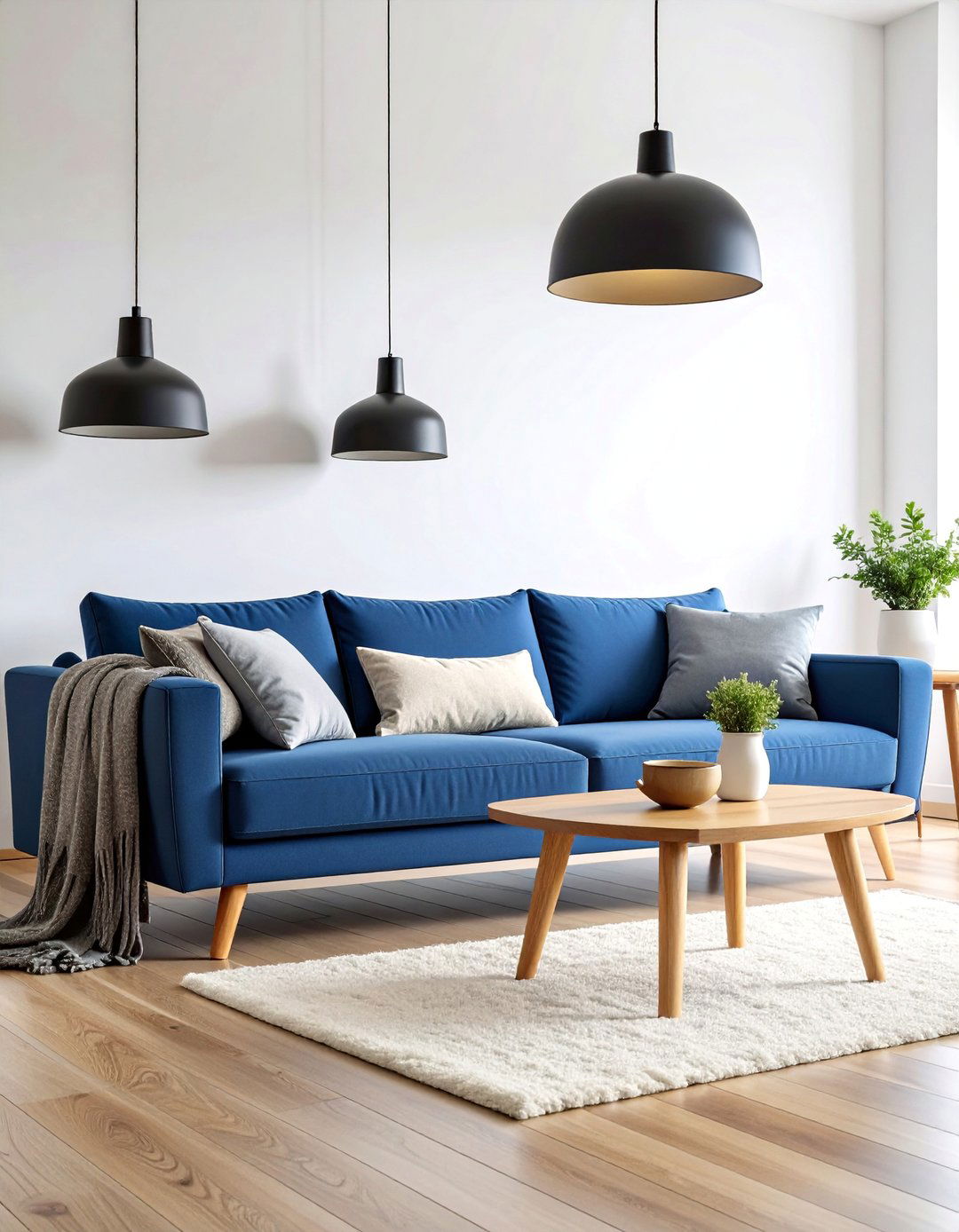 Scandinavian Navy Sofa with Light Wood and Hygge Elements - 25 Blue Couch Living Room Ideas