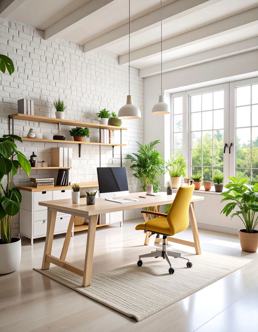 Scandinavian Office with White Brick Painted Wall - 25 Office Accent Wall Ideas