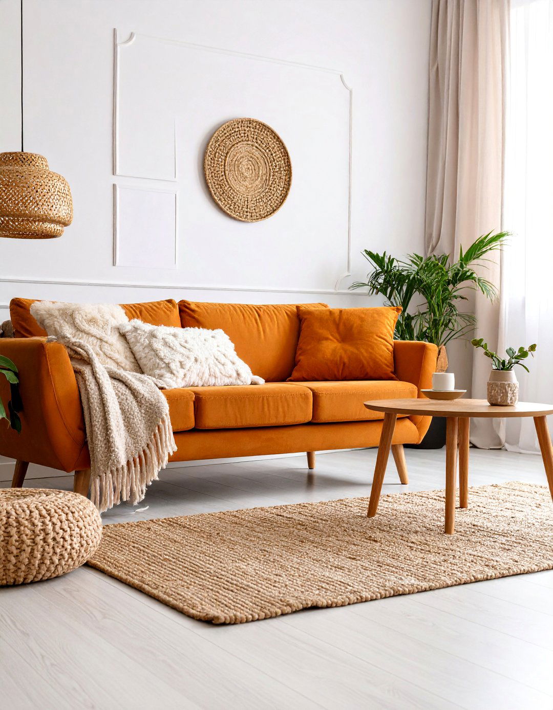Scandinavian Orange Couch Living Room with Natural Wood Elements - 25 Orange Couch Living Room Ideas