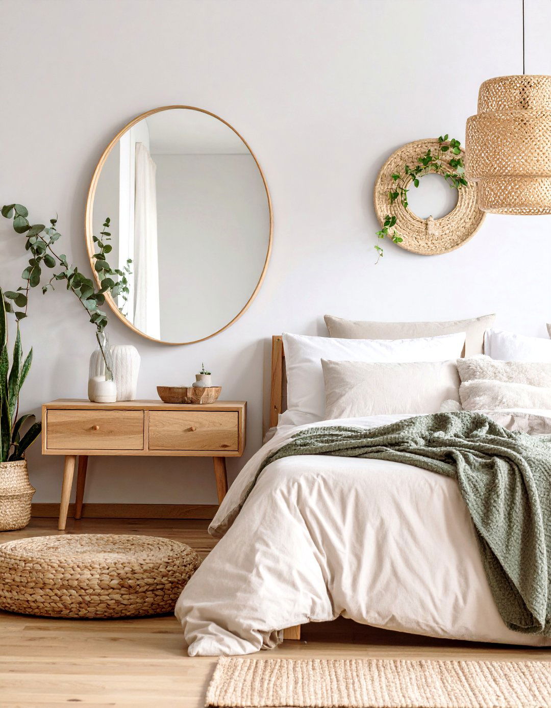 Scandinavian Oval Mirror Behind Nightstand - 25 Mirror Behind Nightstand Design Ideas