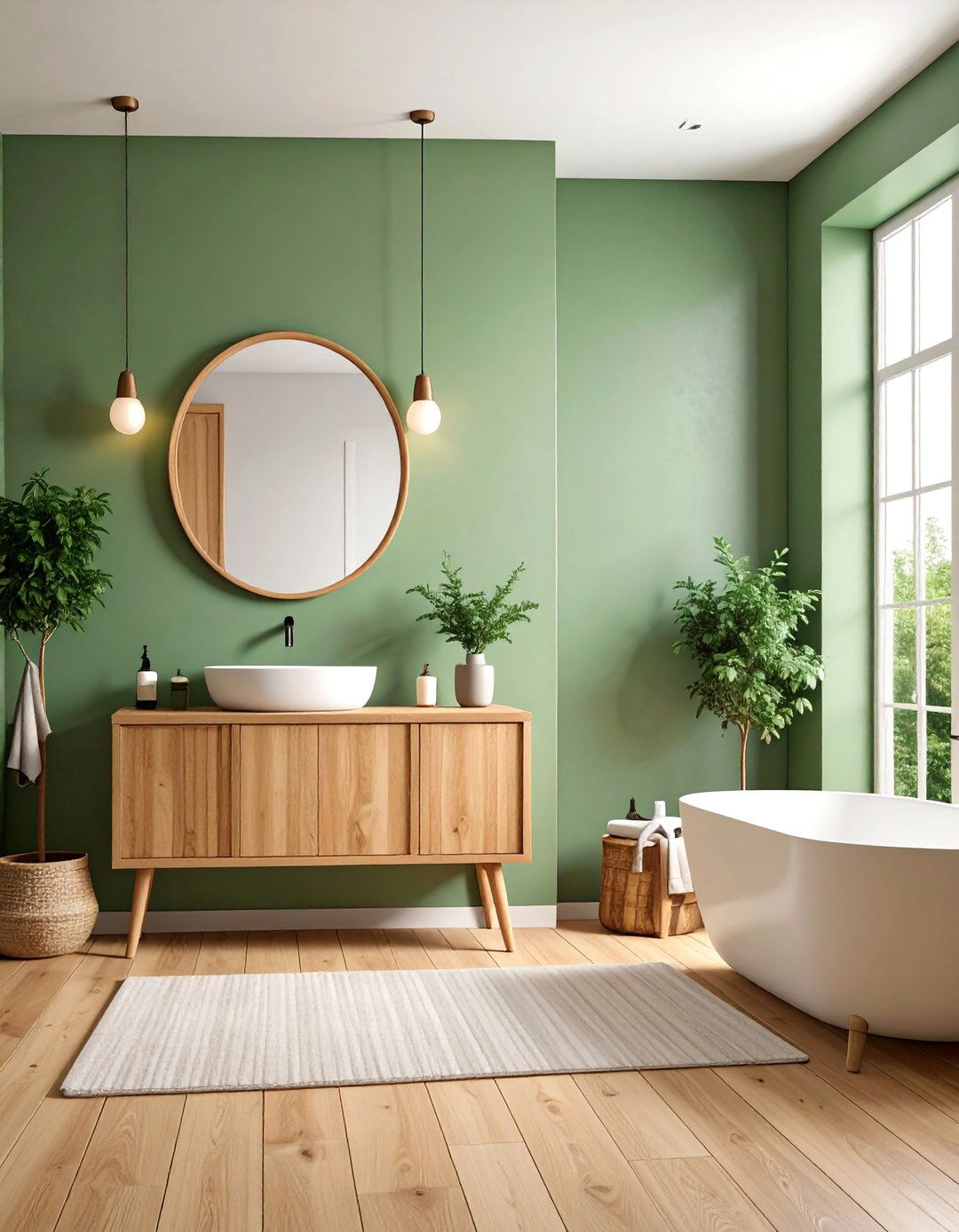 Scandinavian Sage Green Bathroom with Cream Wood Accents - 25 Sage Green and Cream Bathroom Ideas