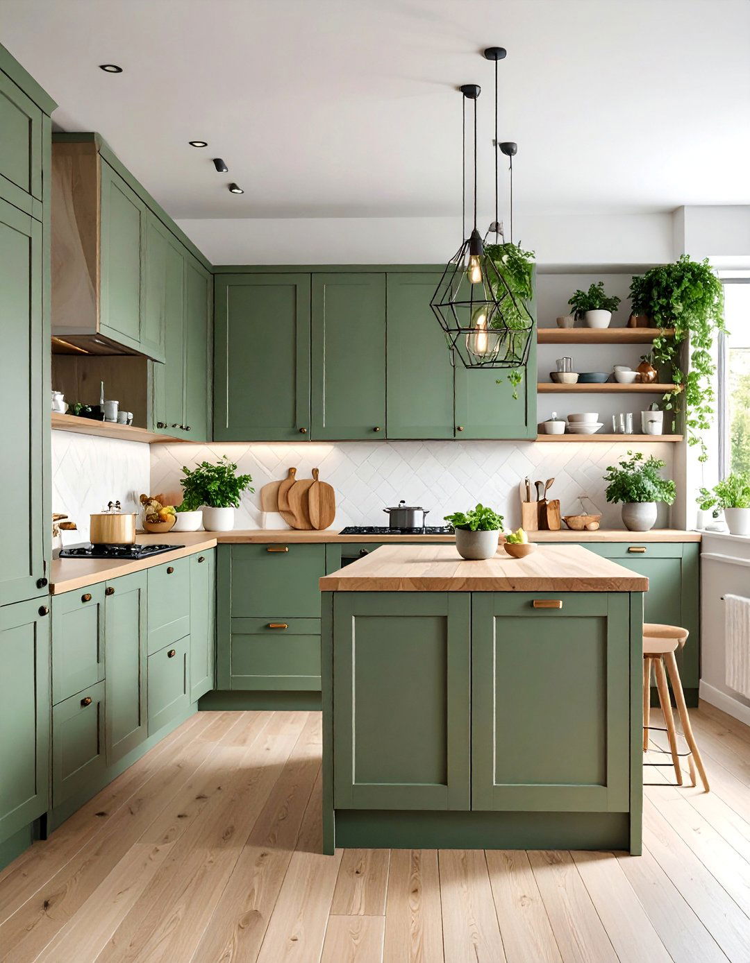 Scandinavian Sage Green Kitchen with Light Ash Butcher Block - 25 Sage Green Kitchen Cabinets With Butcher Block Countertops