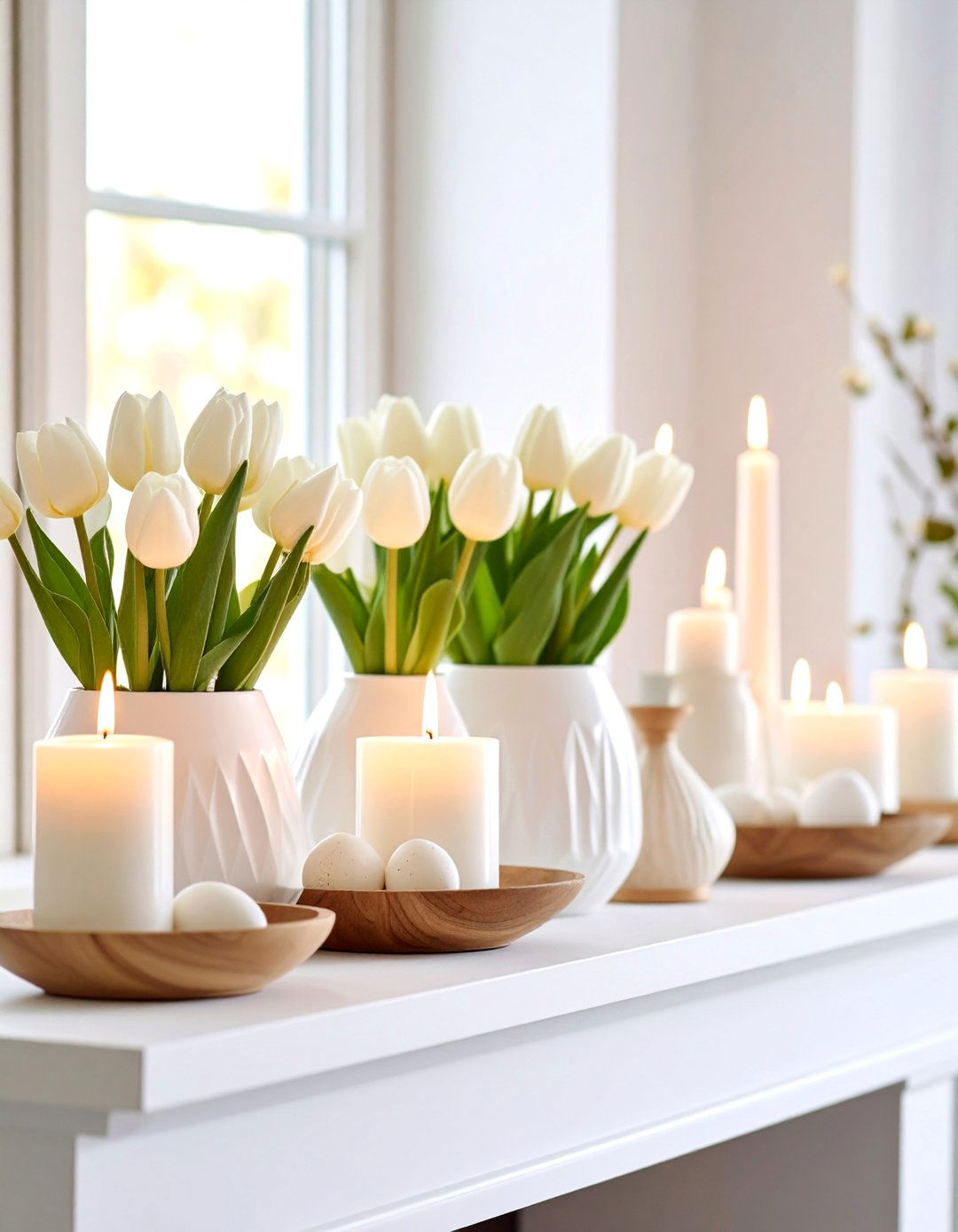 Scandinavian Spring with Light Woods and Whites - 25 Spring Mantel Decor Ideas
