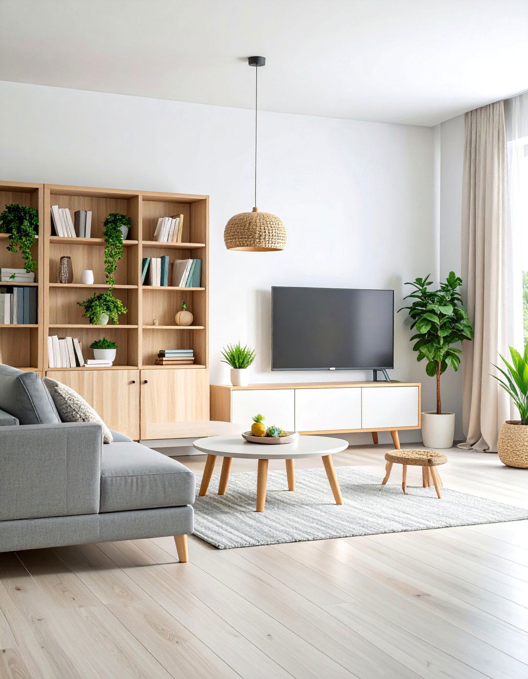 Scandinavian TV Room with Light Wood and White Tones - 25 Tv Room Ideas