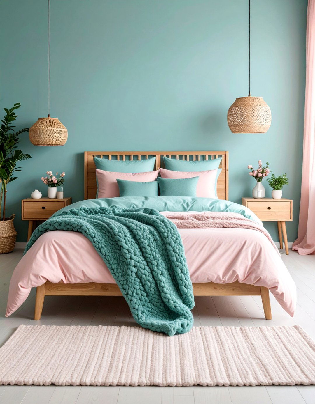 Scandinavian Teal and Pale Pink Bedroom with Natural Wood - 25 Teal and Pink Bedroom Ideas