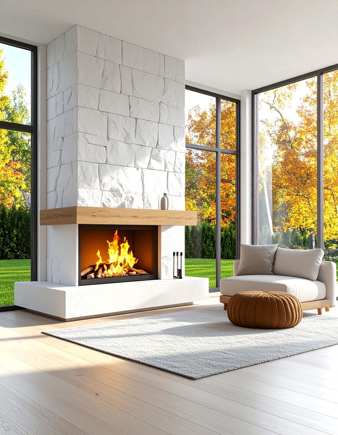 Scandinavian Two Story Fireplace with White Stone and Wood - 25 Two-story Fireplace Ideas