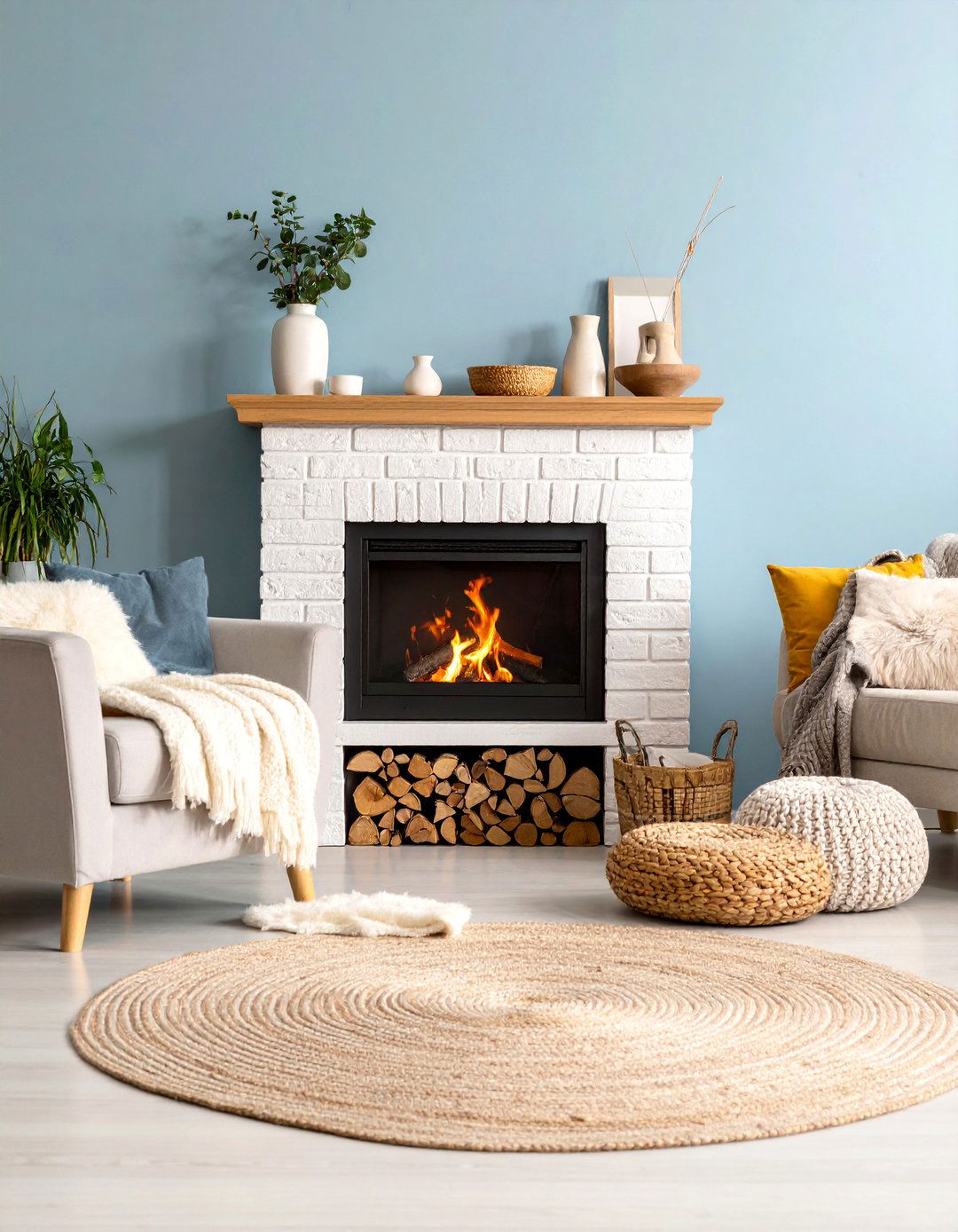 Scandinavian White Brick Fireplace with Light Wood Accents - 25 White Brick Fireplace Ideas