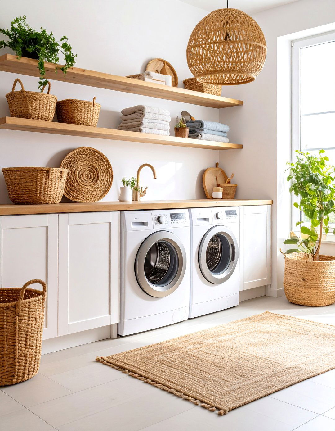 Scandinavian White Laundry Room with Natural Wood - 25 White Laundry Room Ideas