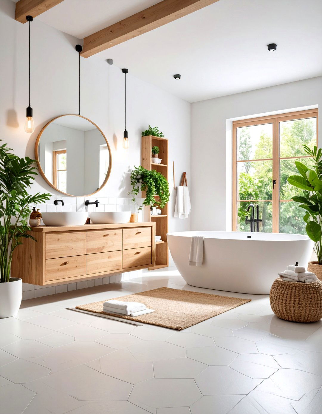 Scandinavian White Tile Bathroom with Natural Wood - 25 White Tile Bathroom Ideas