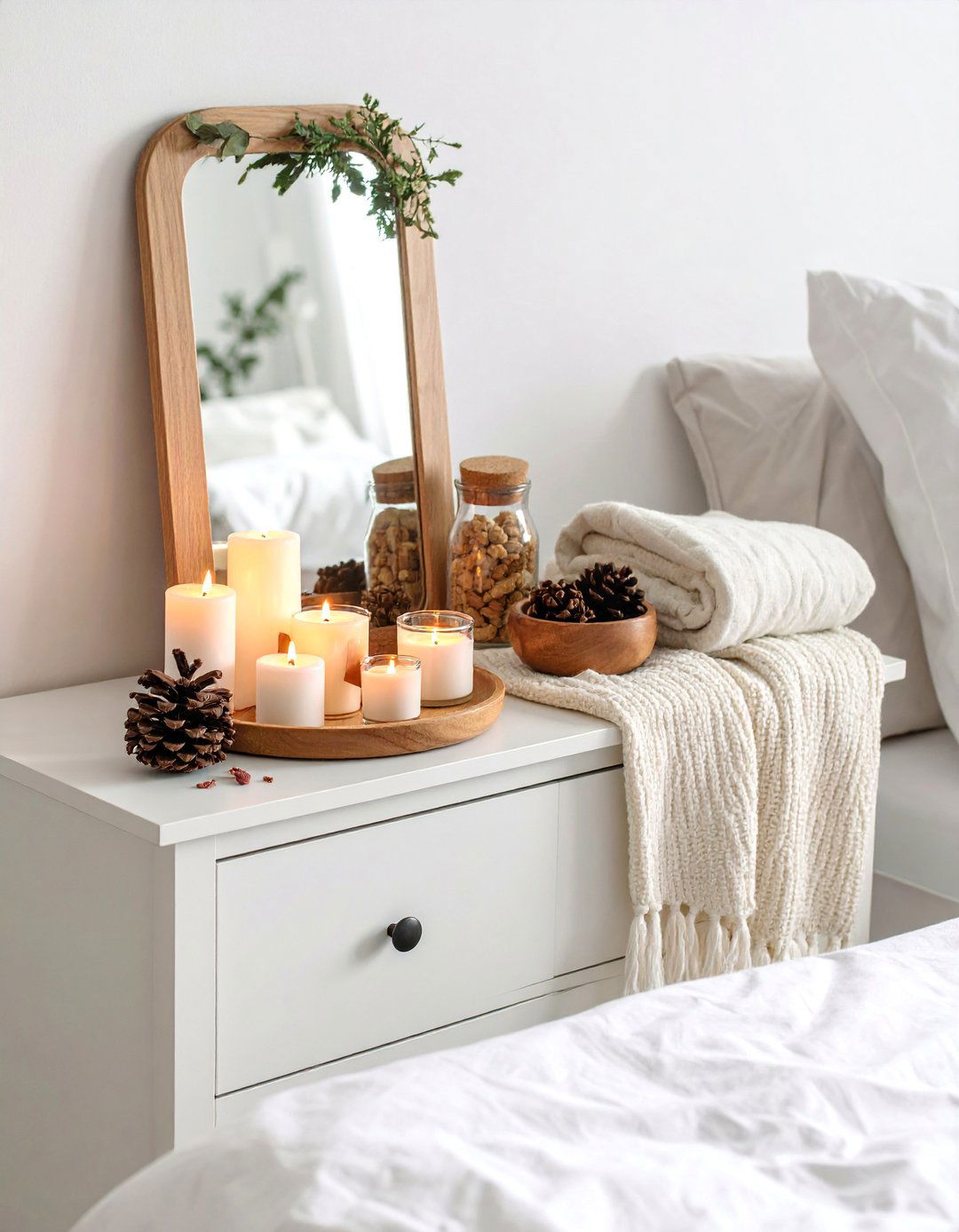 Scandinavian Winter Hygge Dresser with Cozy Comfort Elements - 25 Dresser Decor Ideas