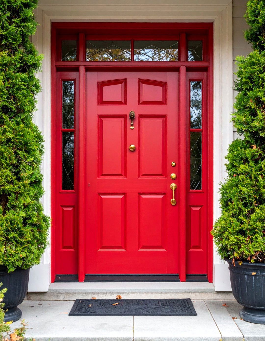 Scarlet Red Door with Traditional Paneled Design - 25 Dark Red Front Door Ideas