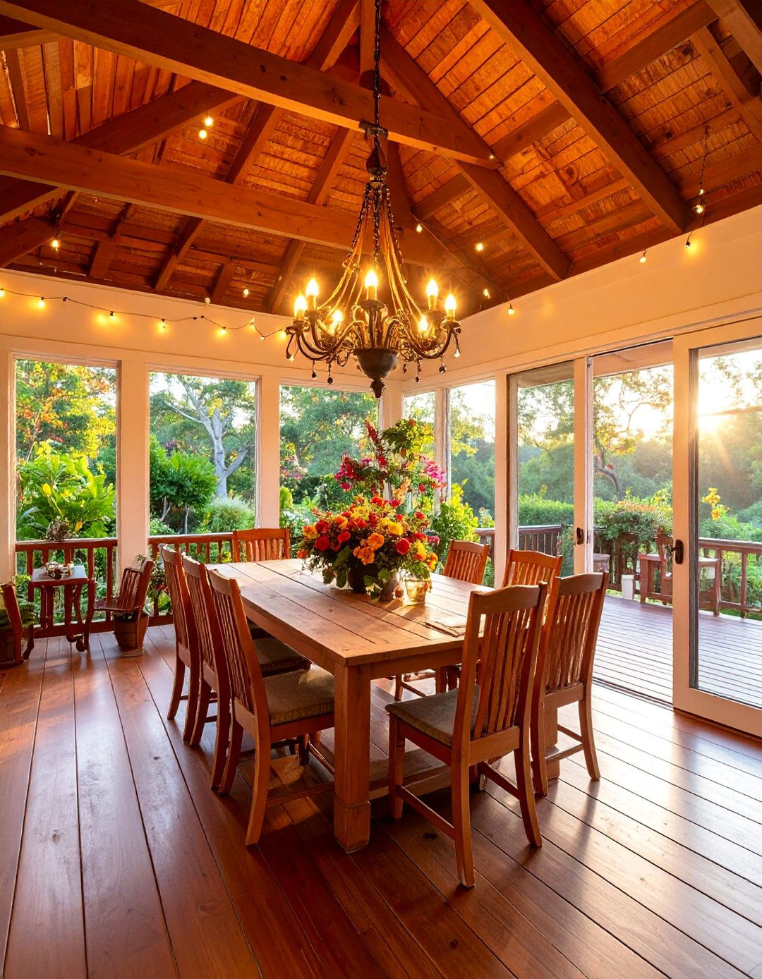 Screened Porch Dining Room with Chandelier - 25 Screened-in Porch Ideas