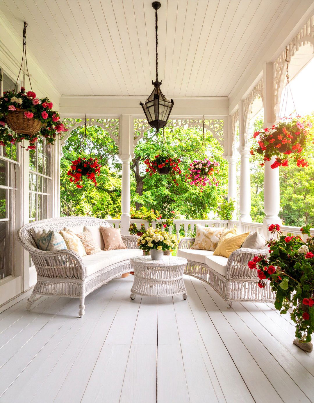 Screened Victorian Porch with White Wicker Furniture - 25 Victorian Porch Ideas