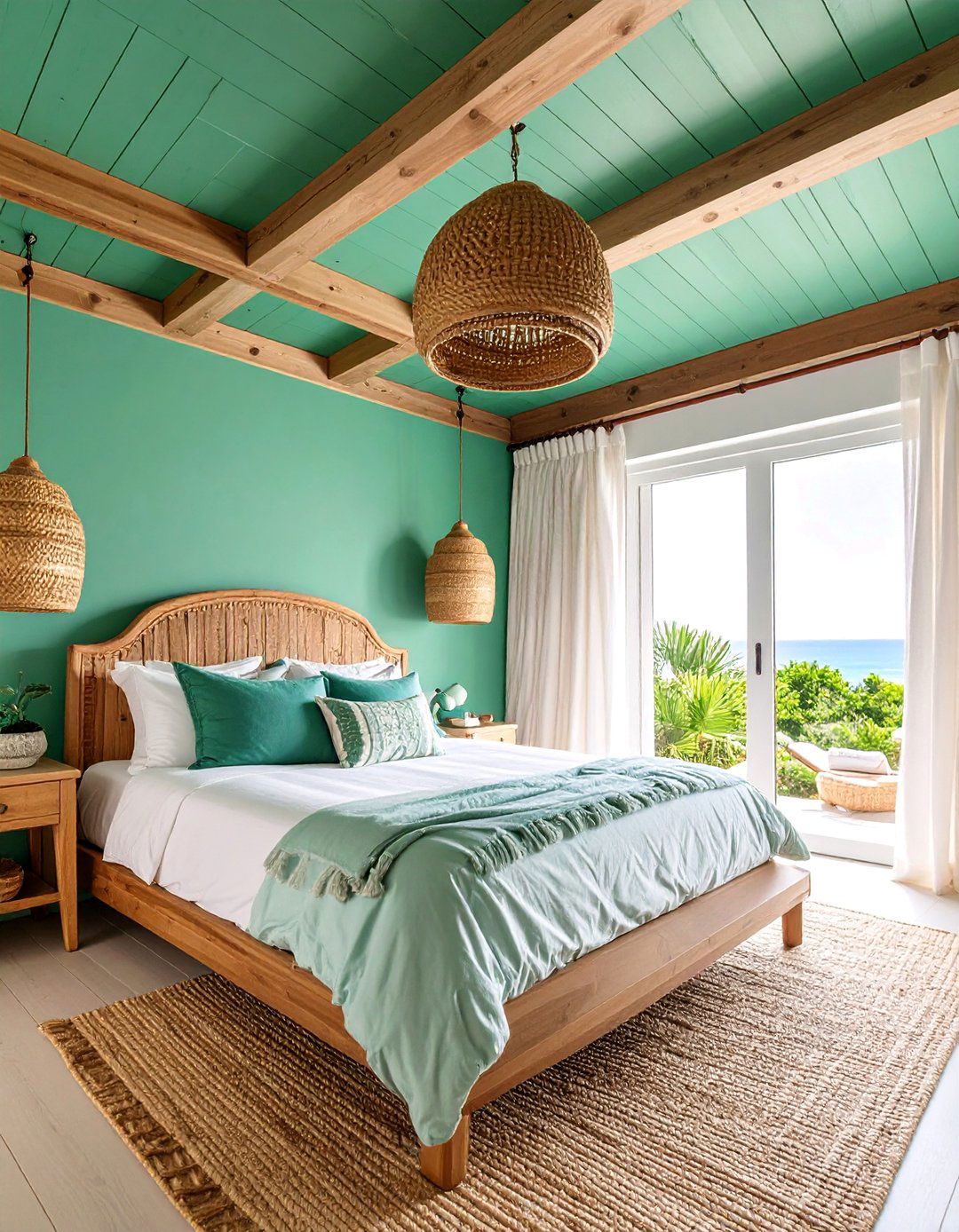 Sea Glass Green Ceiling with Natural Wood Trim - 25 Green Ceiling Ideas