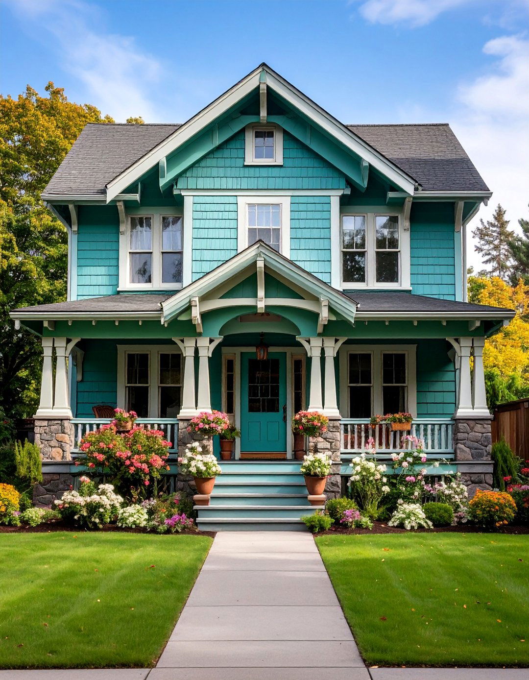 Seafoam Green Bungalow with Natural Stone - 25 Light Green House Exterior Ideas