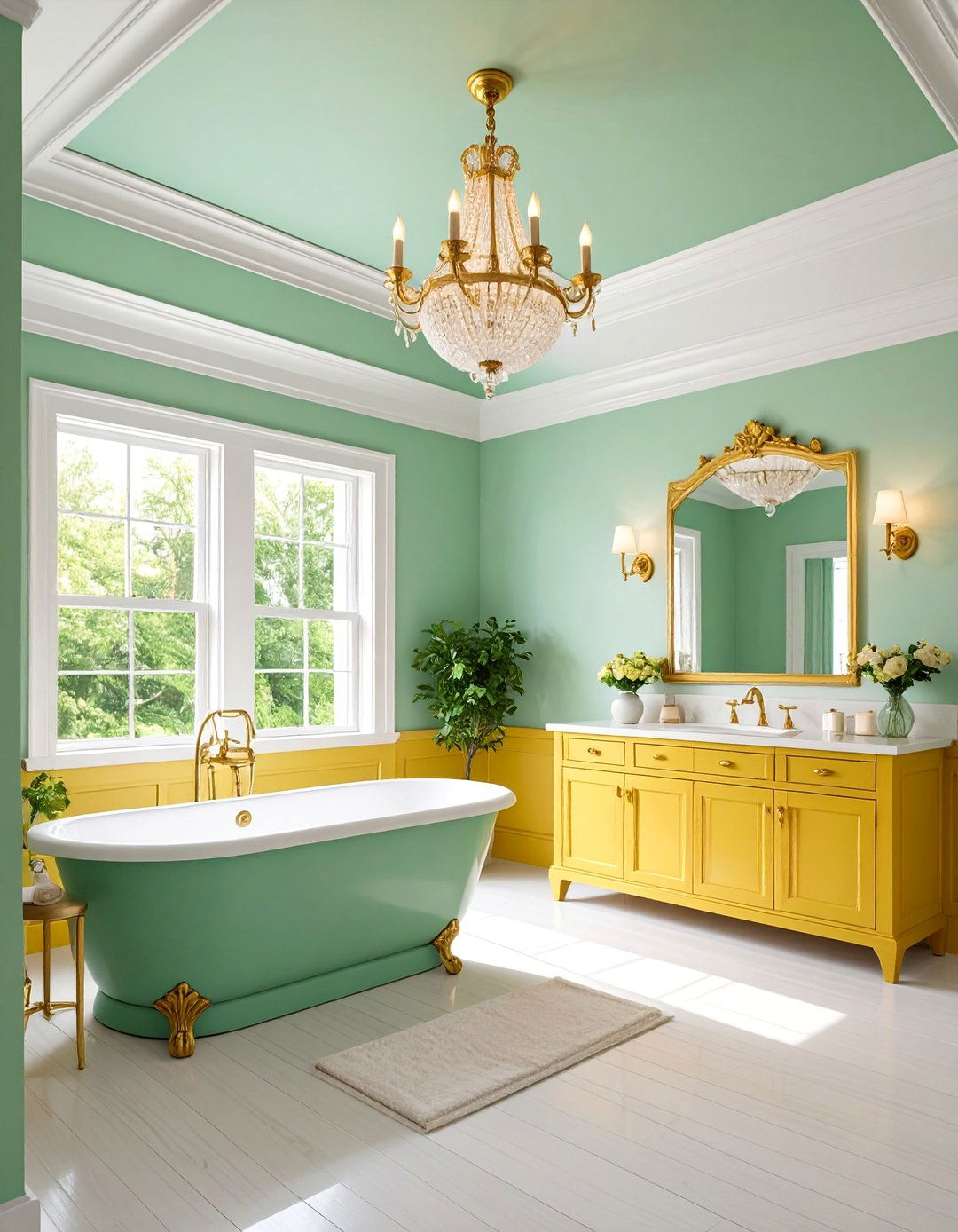 Seafoam Green Ceiling with Marigold Yellow Wainscoting - 25 Yellow and Green Bathroom Ideas