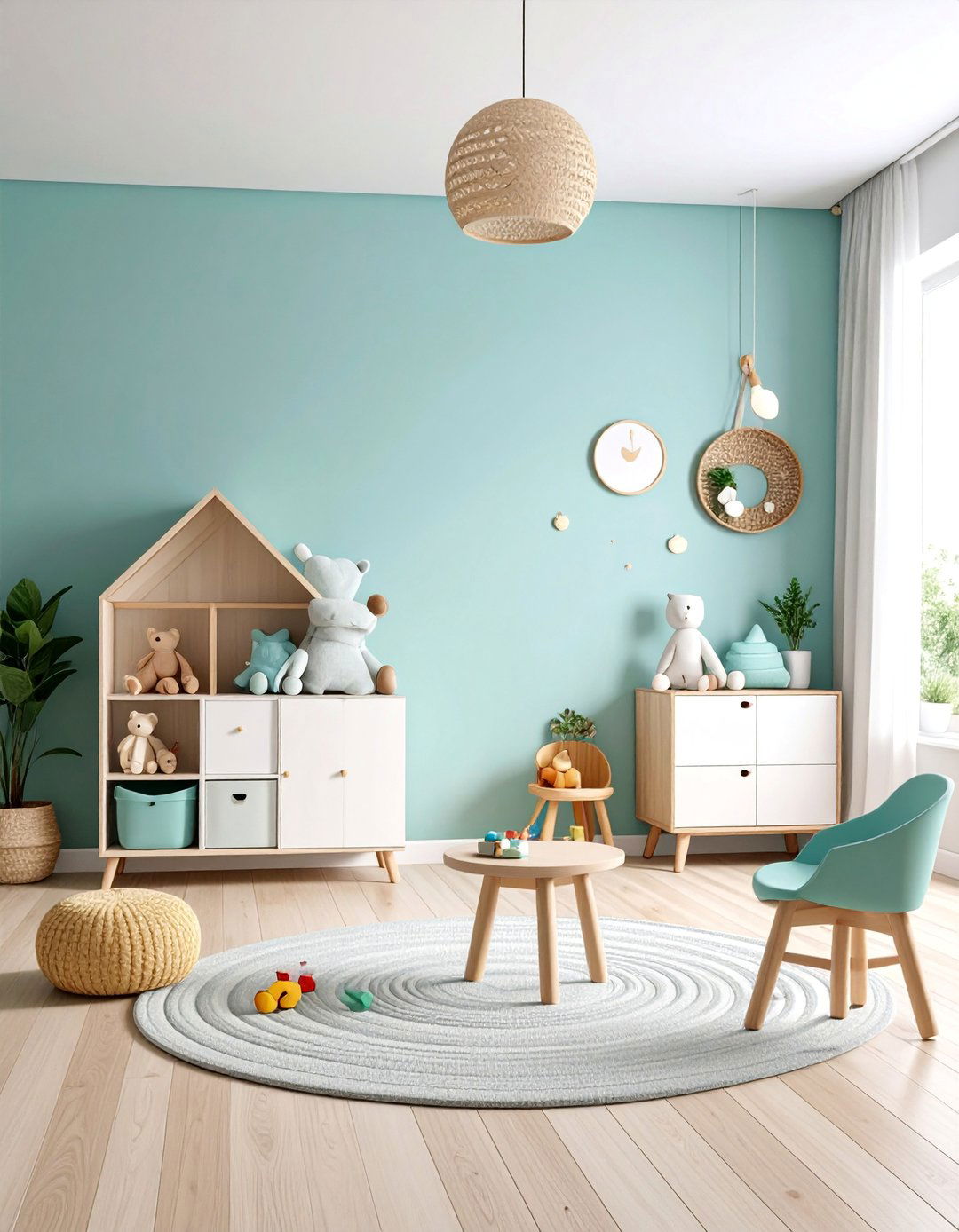 Seafoam Green Childrens Playroom with Storage Solutions - 25 Green Accent Wall Ideas