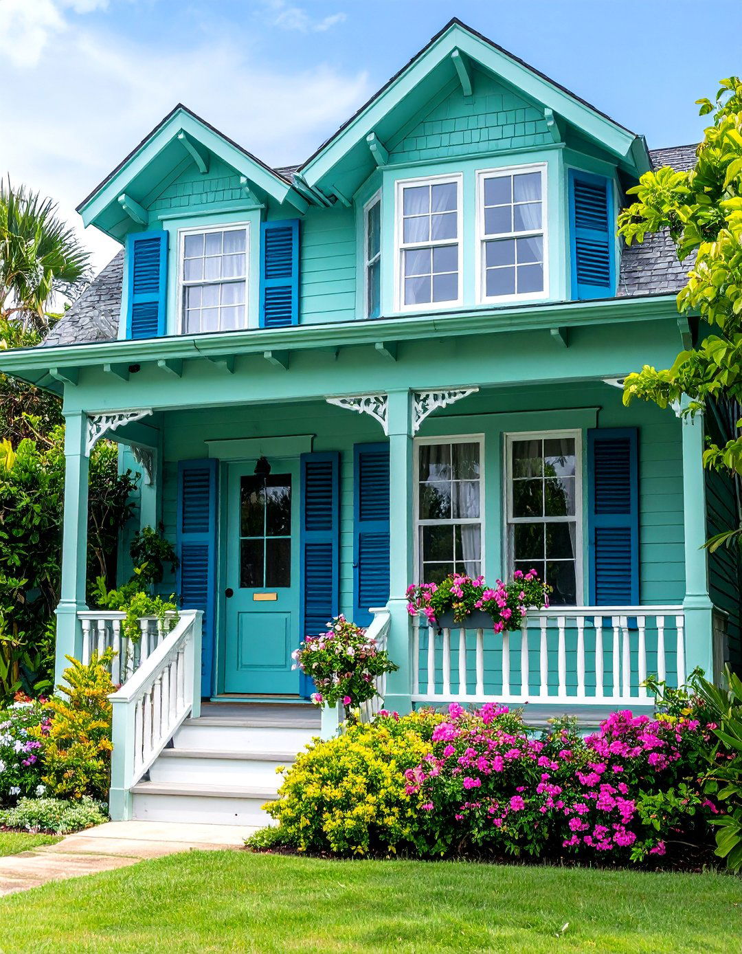 Seafoam Green Coastal Victorian with Navy Blue Trim - 25 Green Victorian House Colors