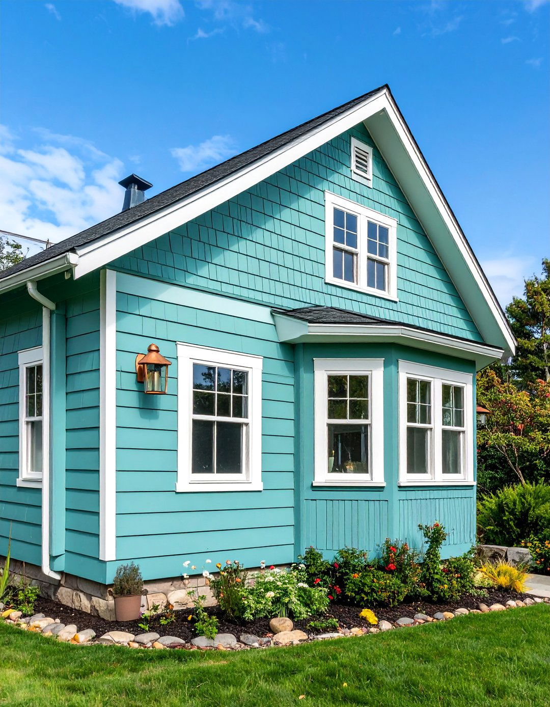 Seafoam Green Farmhouse with Bay Window Features - 25 Farmhouse Green Exterior Home Ideas