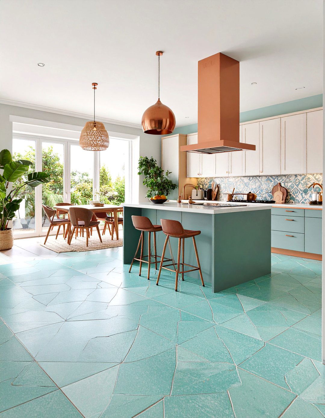 Seafoam Green Geometric Mosaic with Copper Highlights - 25 Linoleum Kitchen Flooring Ideas