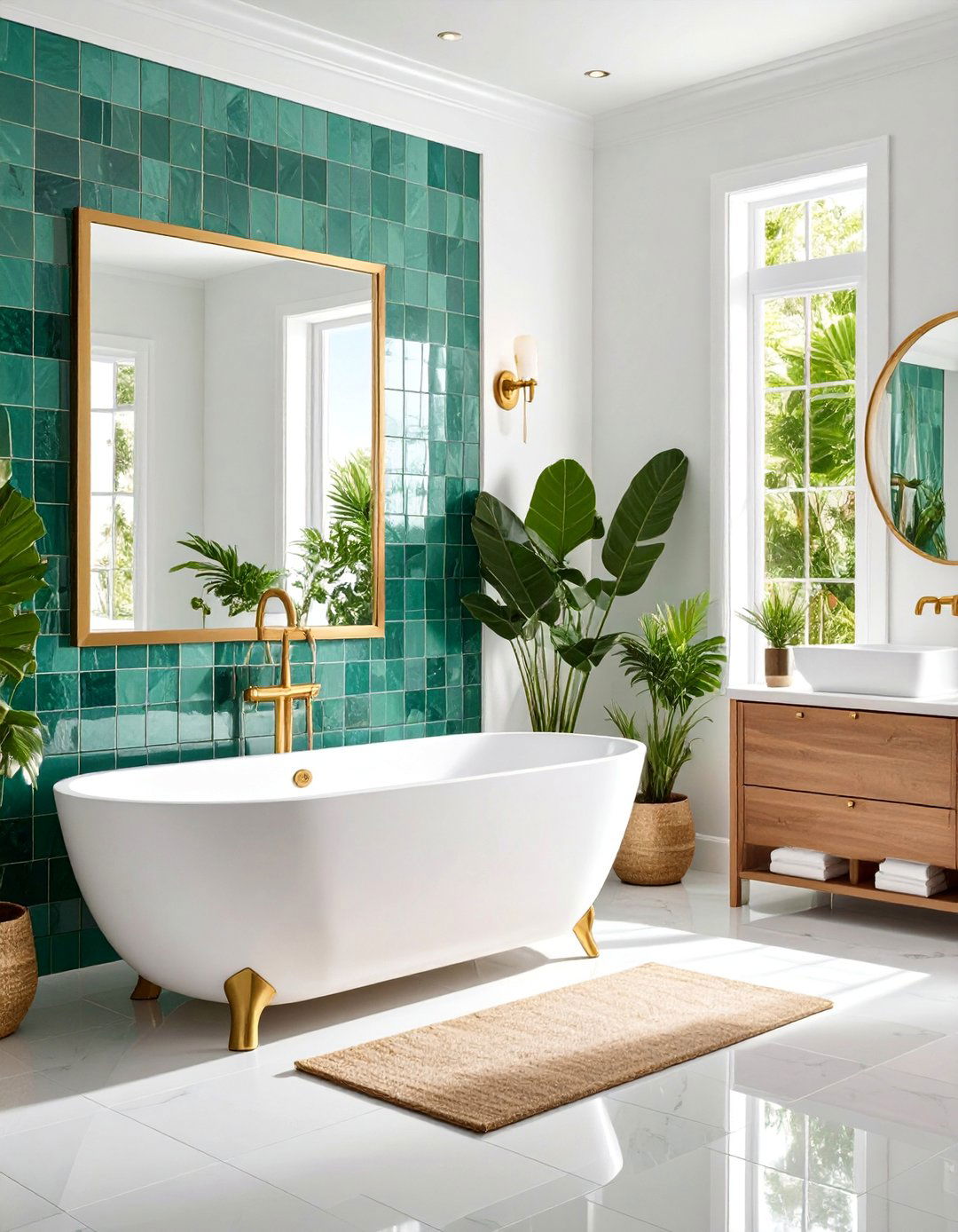Seafoam Green Glass Mosaic with Gold Trim - 25 Green and Gold Bathroom Ideas