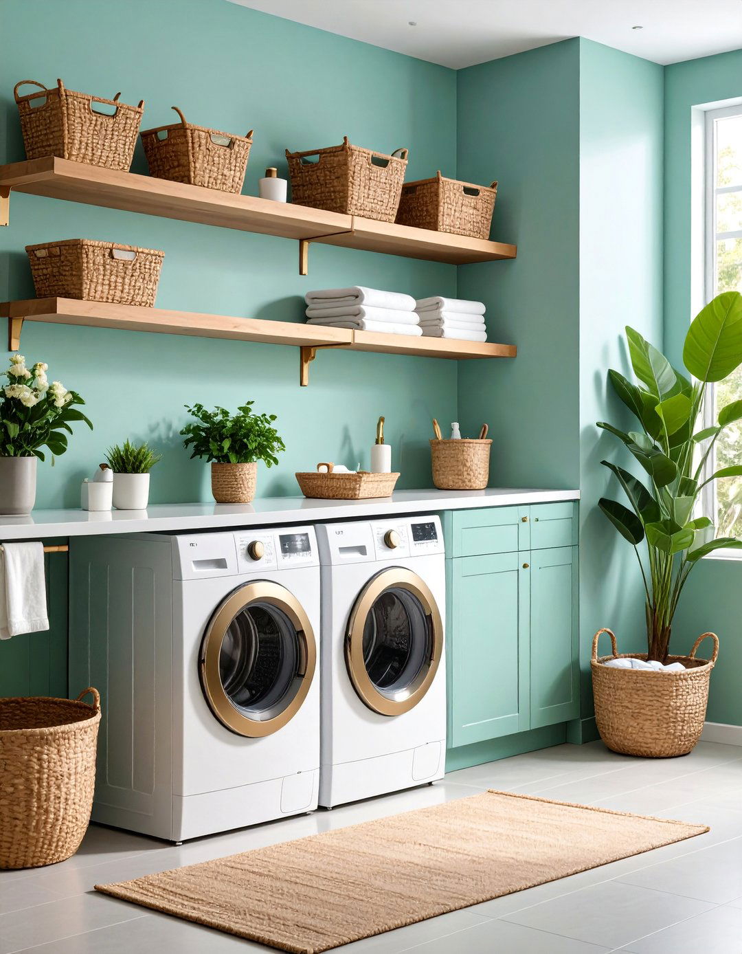 Seafoam Green Laundry Room with Natural Wood Accents - 25 Laundry Room Paint Ideas