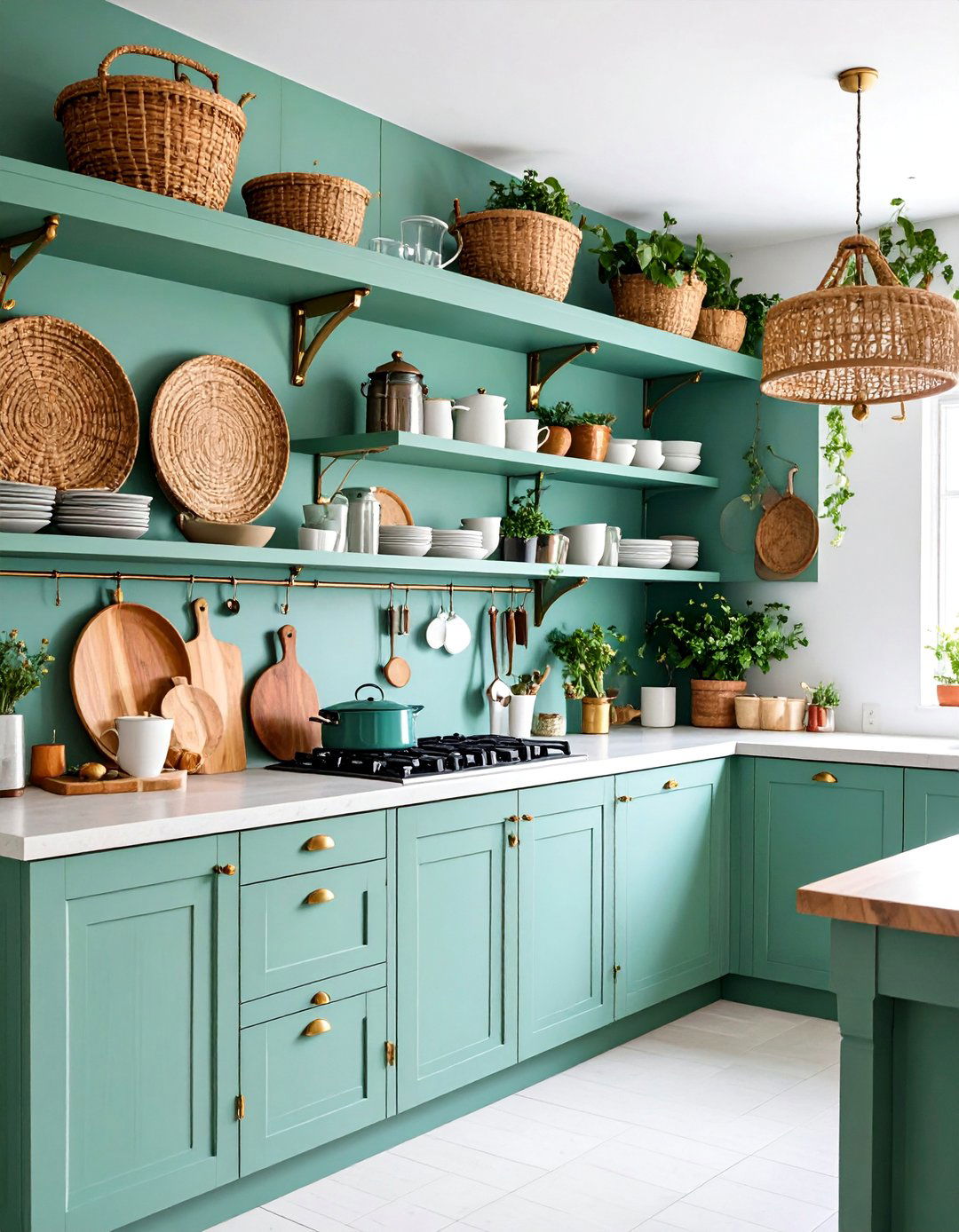 Seafoam Green Open Shelving with Brass Accents - 25 Seafoam Green Kitchen Ideas