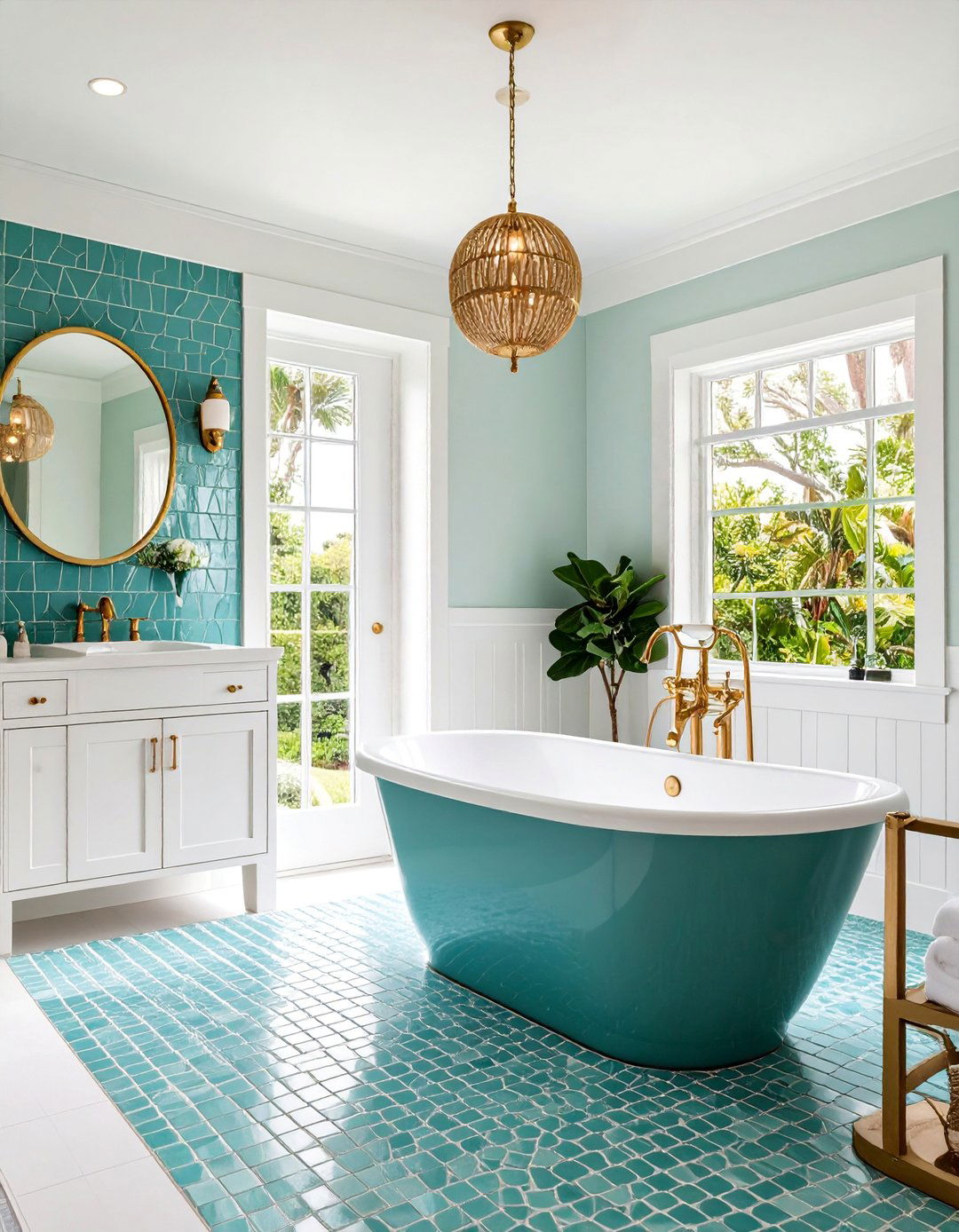 Seafoam Green Penny Tiles with Brass Details - 25 Green and Gold Bathroom Ideas