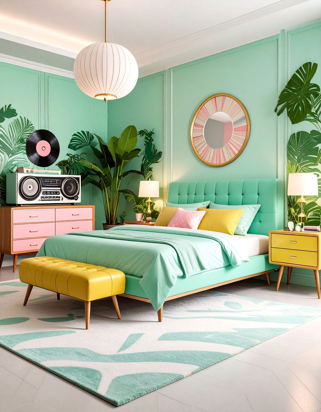 Seafoam Green Retro Revival Bedroom - 25 Light Green Bedroom Ideas