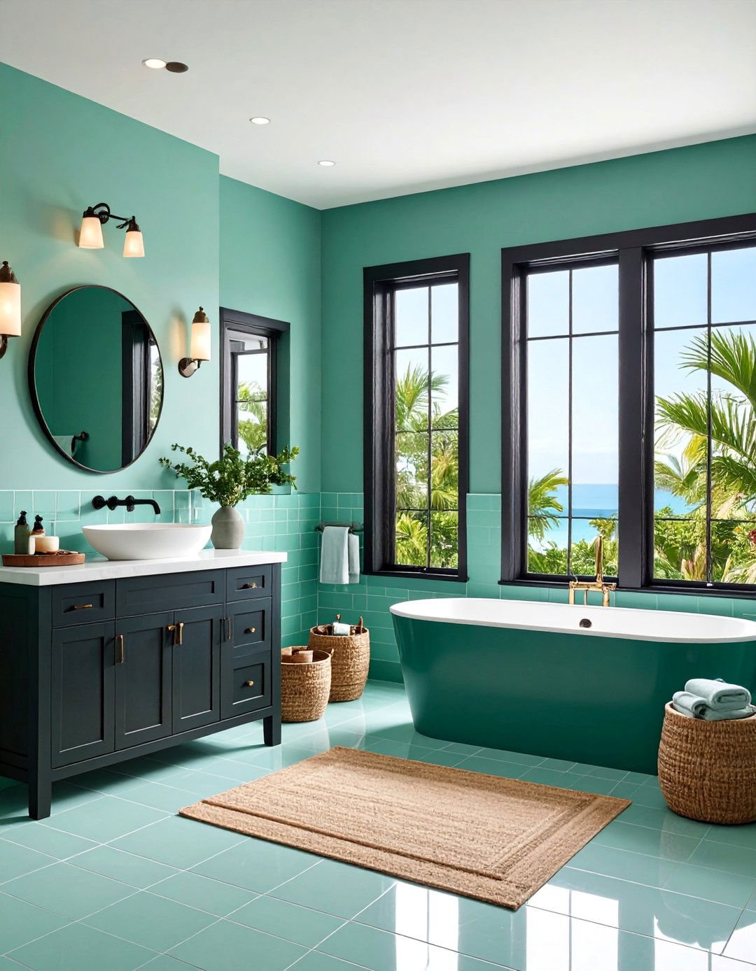 Seafoam Green Subway Tiles with Black Window Trim - 25 Black and Green Bathroom Ideas