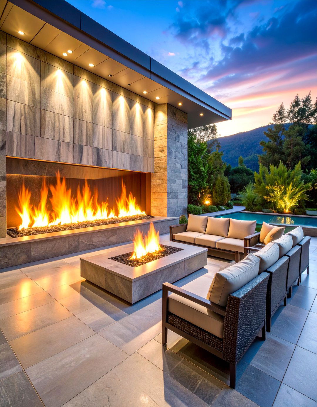 Seamless Granite with Linear Fire Wall - 25 stamped concrete patio with fire pit ideas