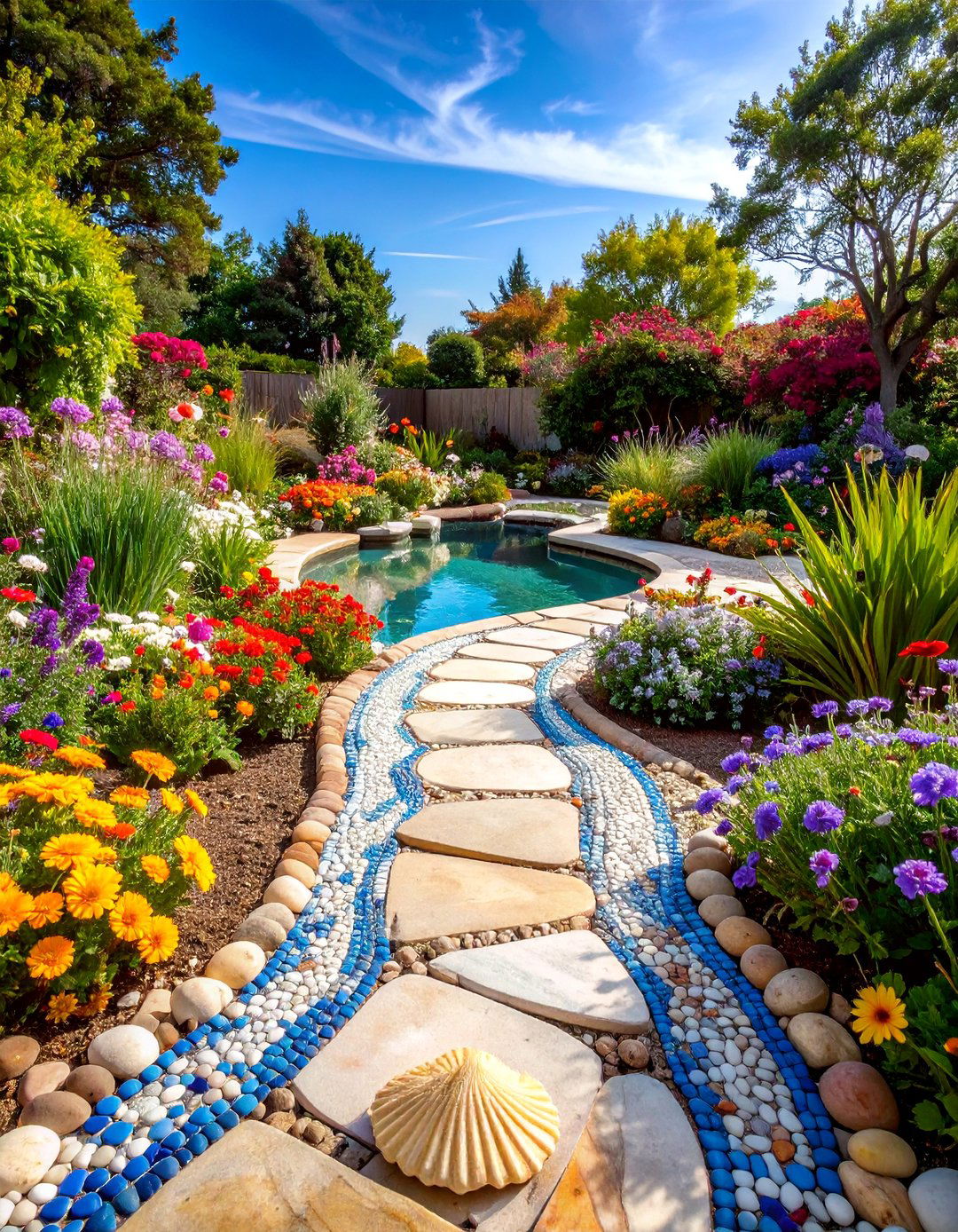 Seashell Mosaic Garden with Stepping Stones - 25 Coastal Garden Ideas