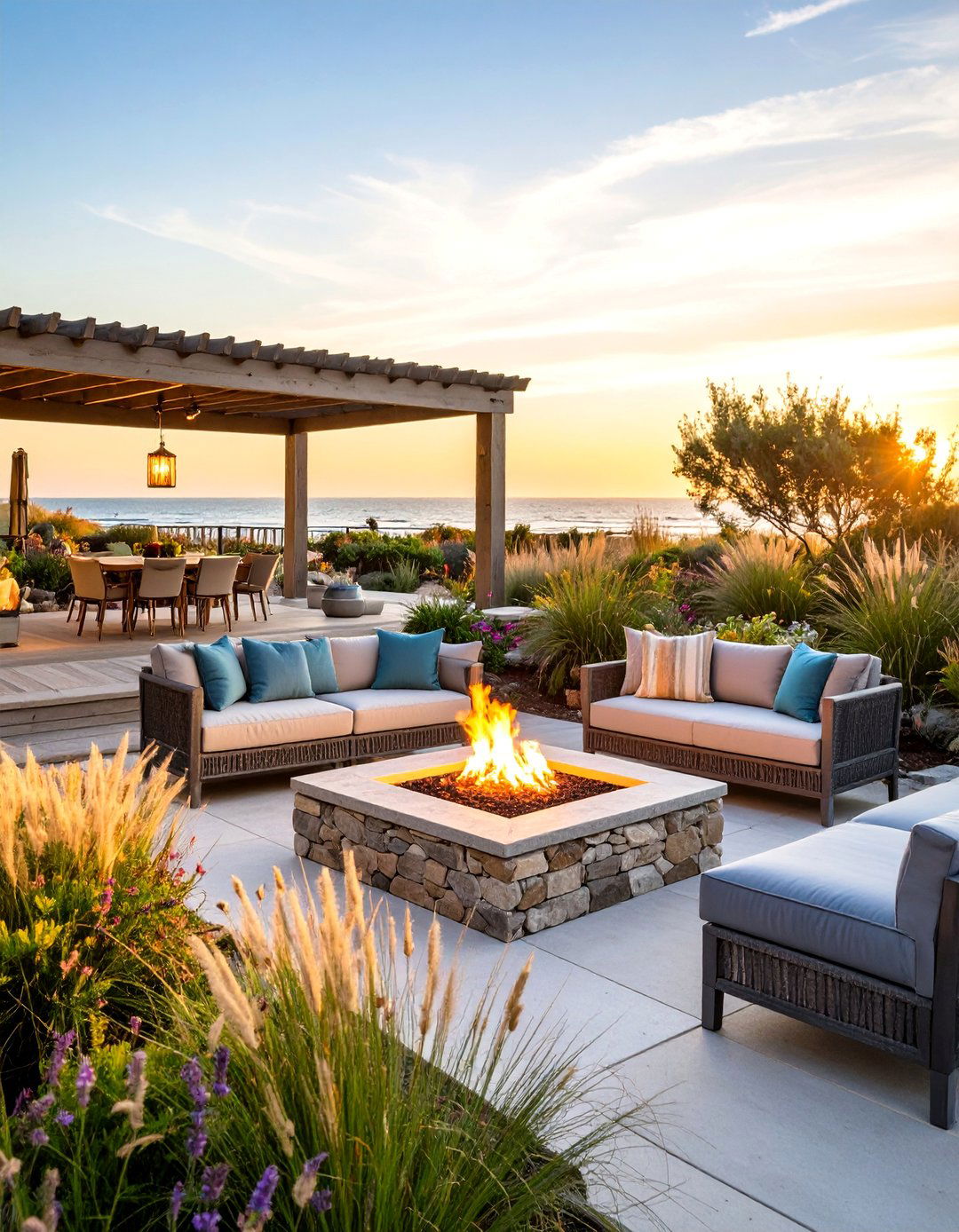 Seaside Fire Pit Garden with Dune Grasses - 25 Coastal Garden Ideas