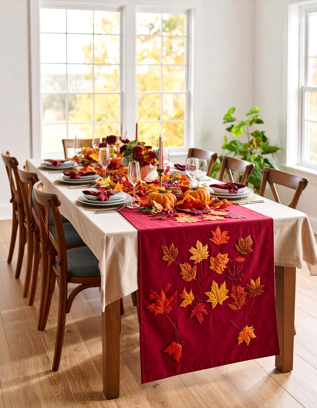 Seasonal Fall Table Runner with Appliqued Leaves - 25 Table Runner Ideas