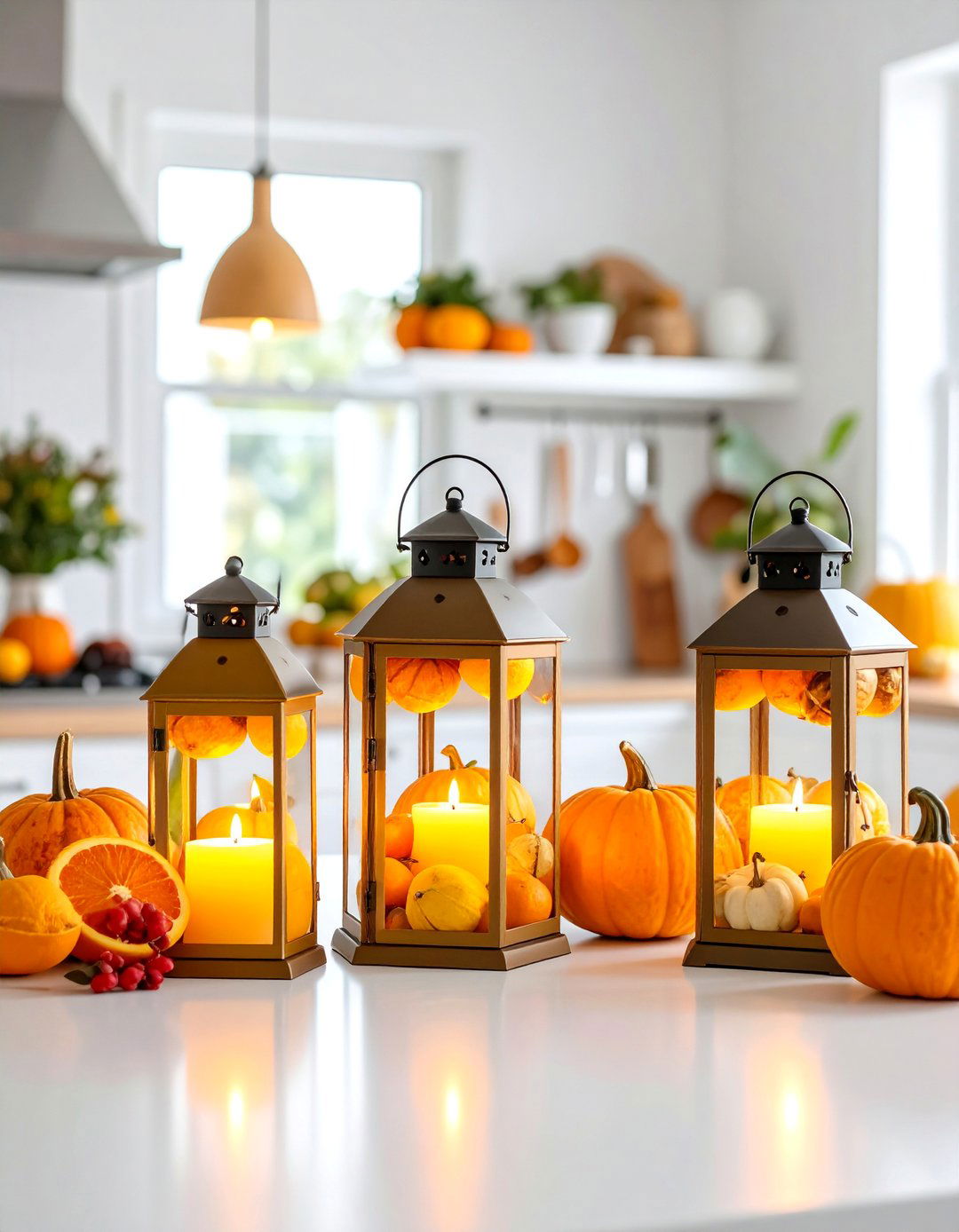Seasonal Kitchen Island Centerpiece with Fruit Filled Lanterns - 25 Lantern Decor Ideas