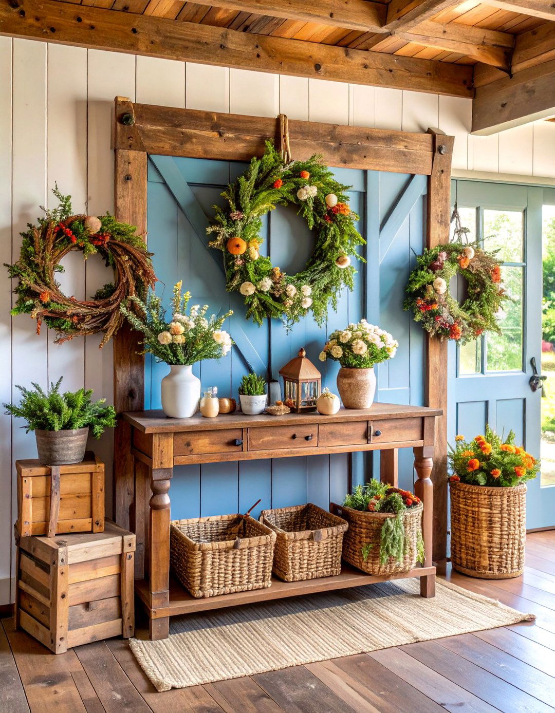 Seasonal Wreath Display Station - 25 Farmhouse Entryway Ideas