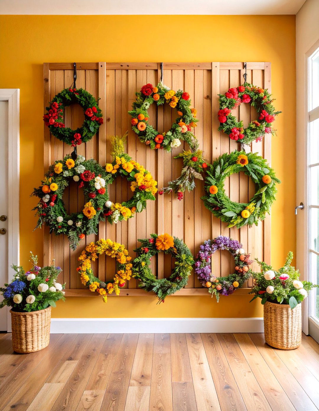 Seasonal Wreath Display Wall Grid - 25 Farmhouse Wall Decor Ideas