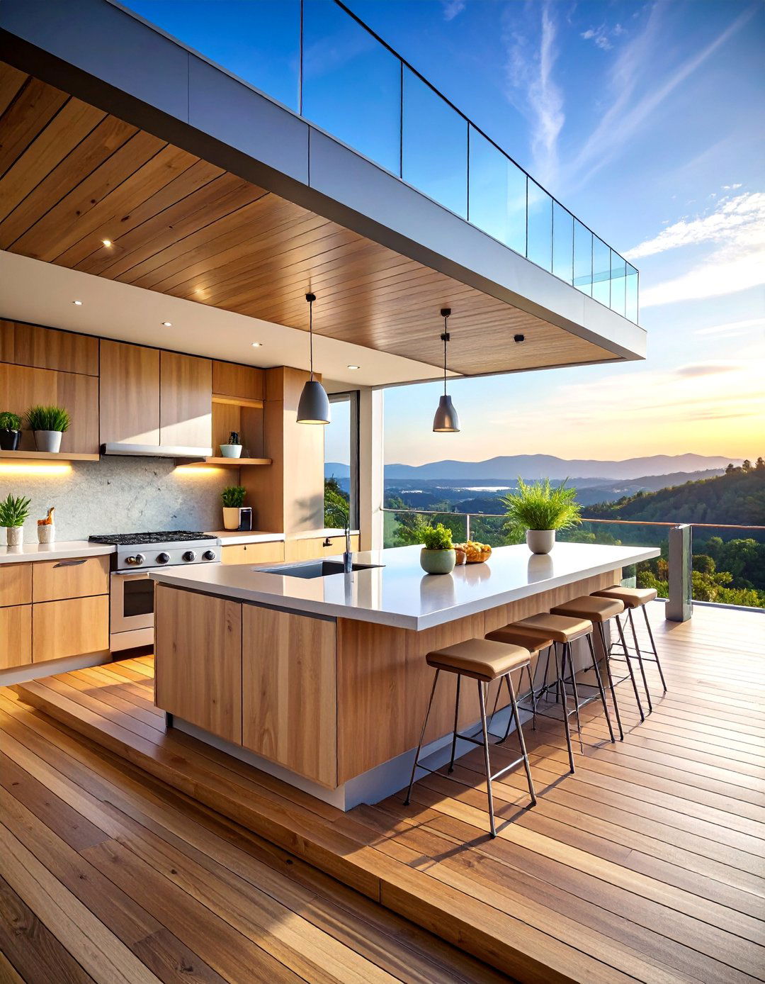 Second Story Deck Kitchen with Glass Railings - 25 Outdoor Kitchen on Deck