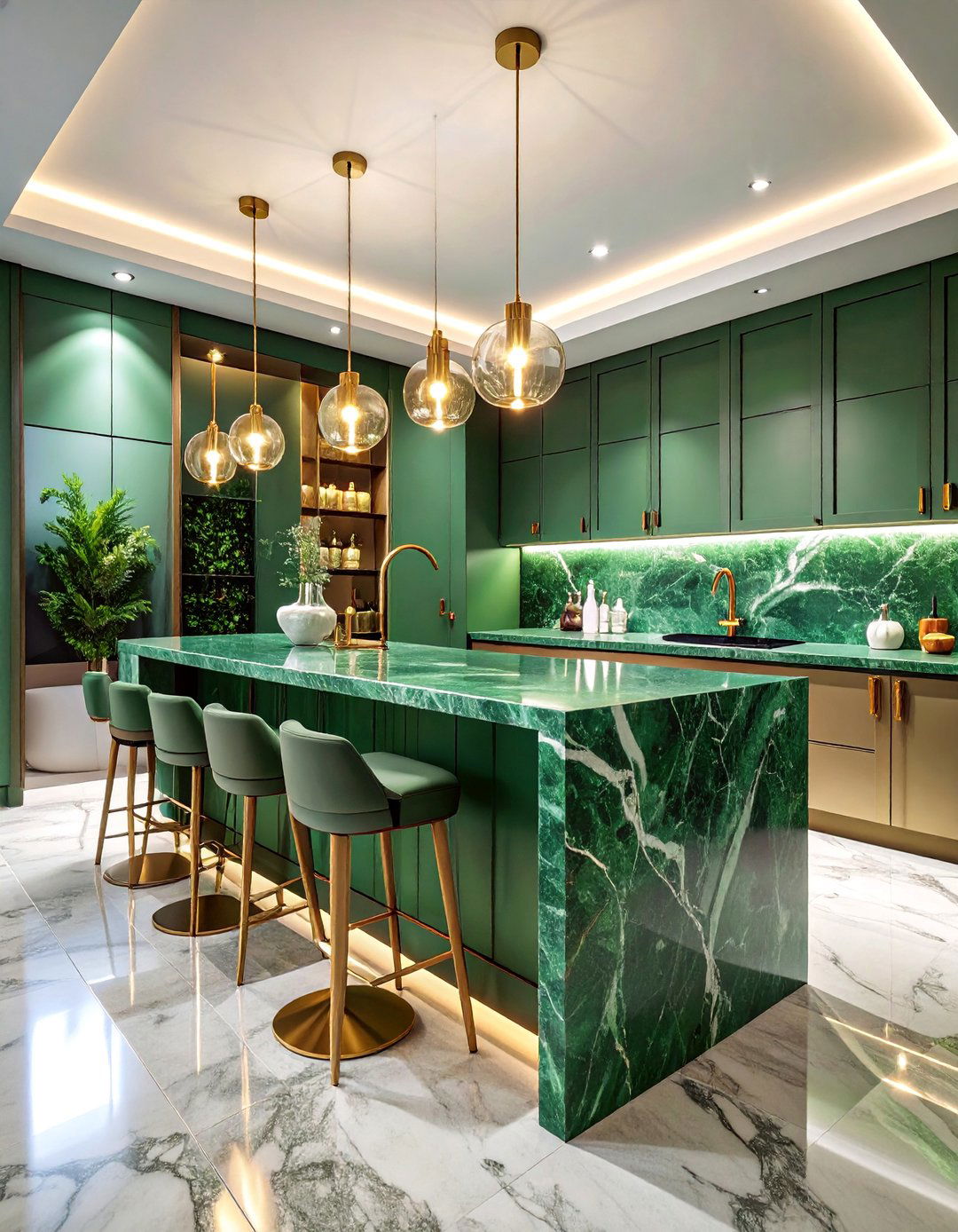 Serpentine Green Marble Wet Bar with Wine Storage - 25 Green Marble Countertop Design Ideas