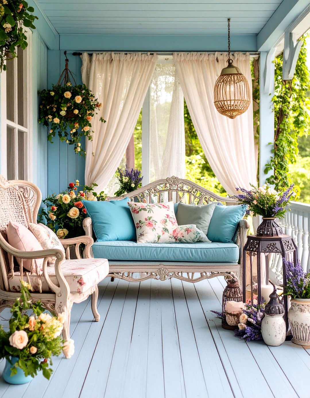 Shabby Chic Porch with Distressed Painted Furniture - 25 Rustic Porch Ideas