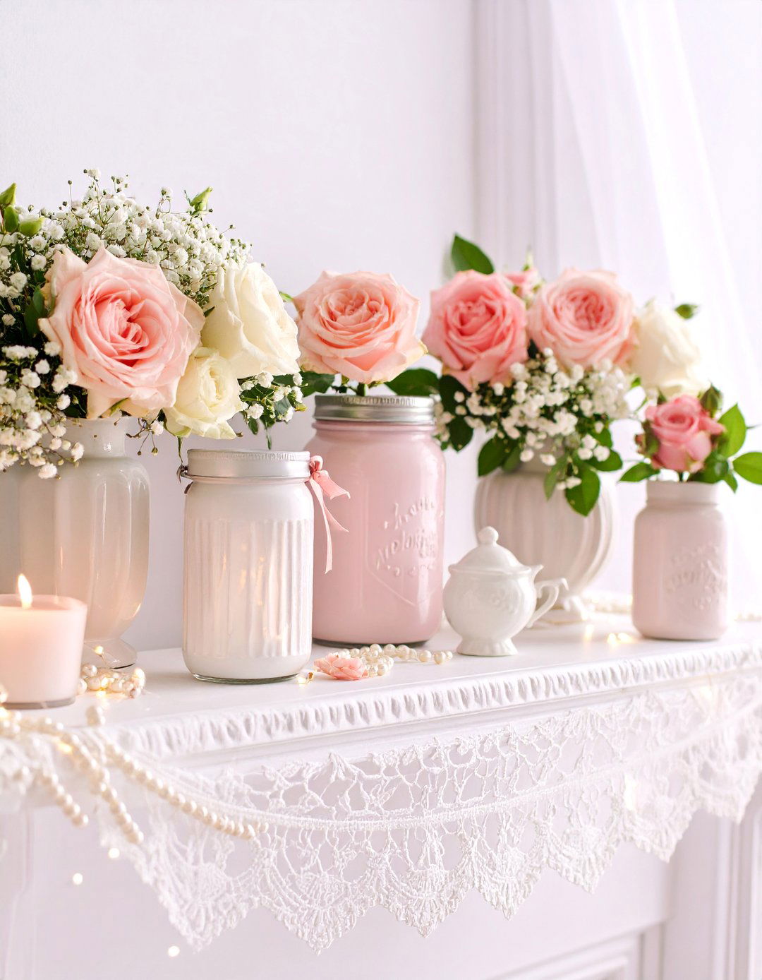 Shabby Chic Rose and Lace Spring Romance - 25 Spring Mantel Decor Ideas