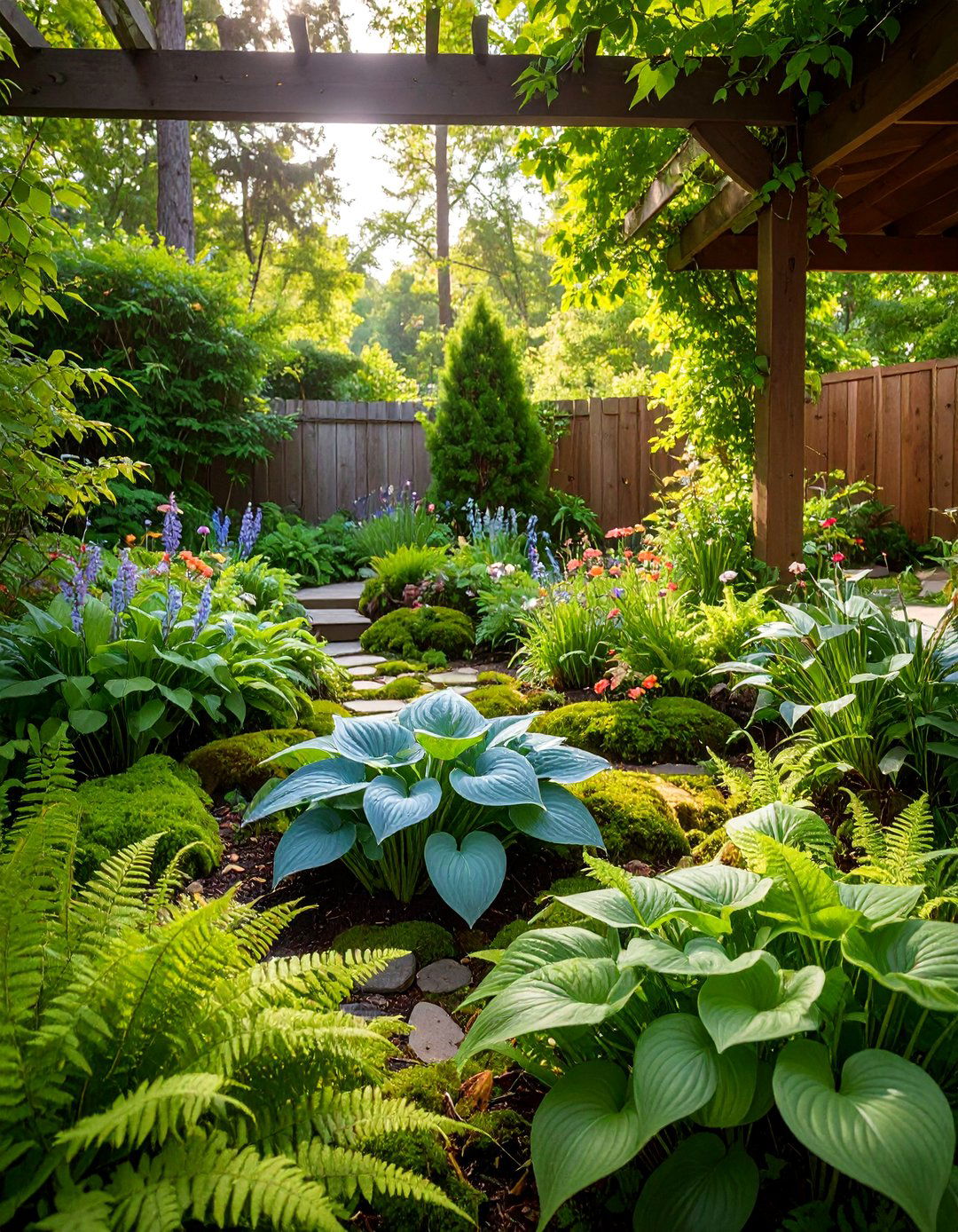Shade Garden with Hostas and Ferns - 25 Under Deck Landscaping Ideas