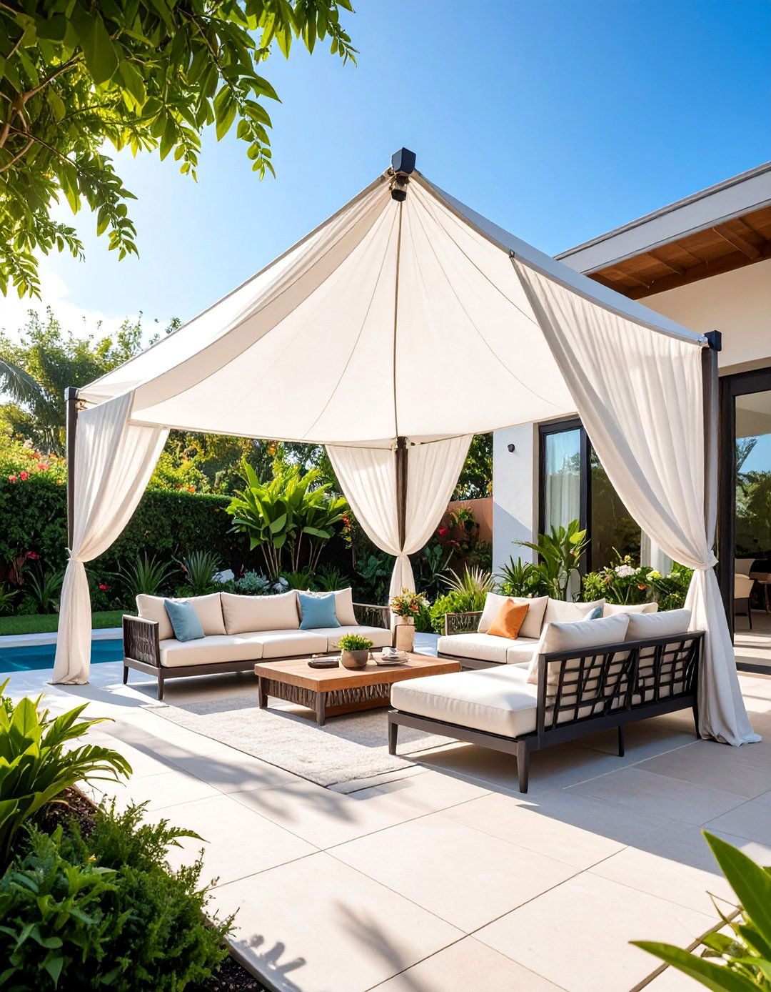 Shade Sail Canopy System with Privacy Panels - 25 Patio Privacy Ideas