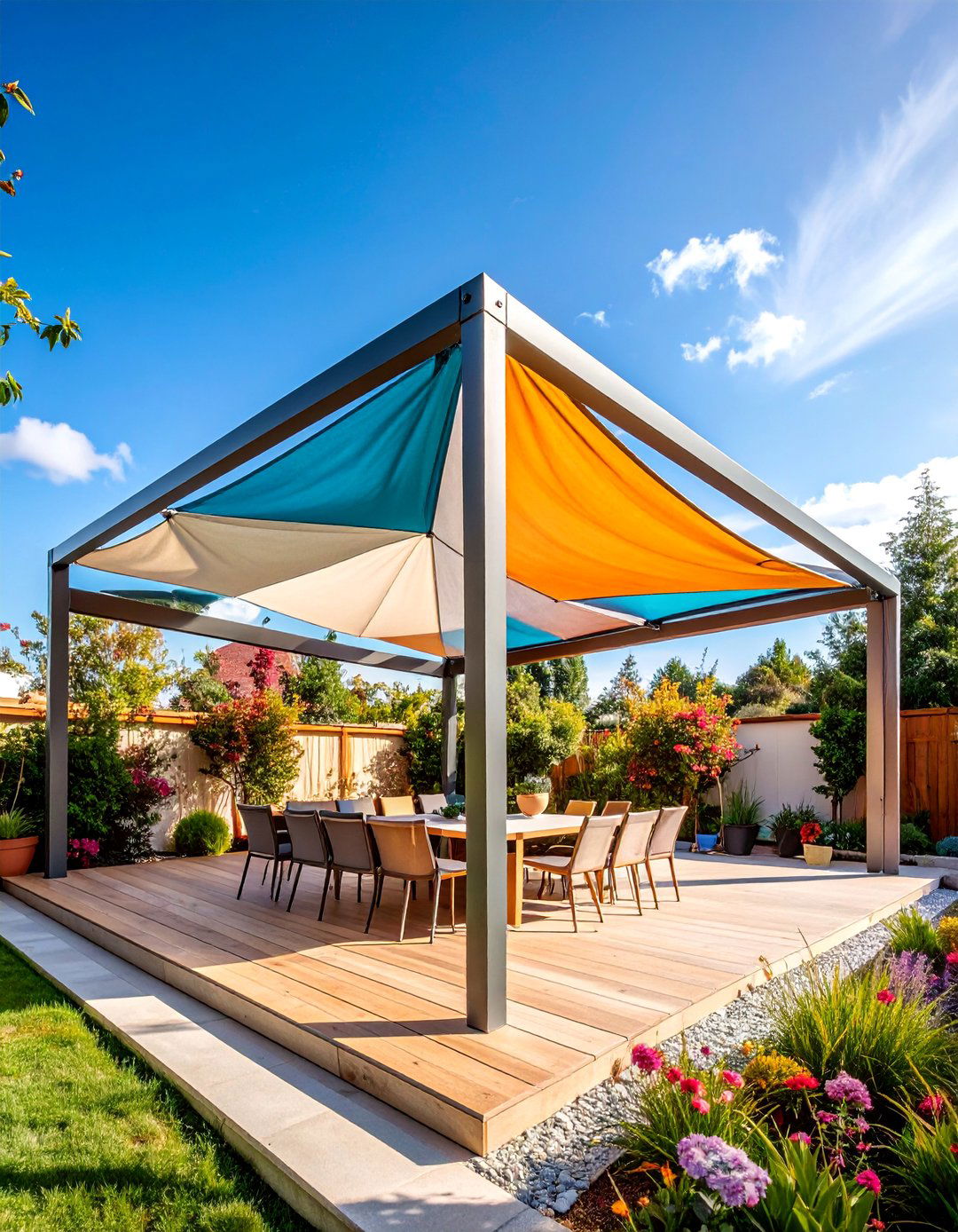 Shade Sail Installation with Modern Geometric Design - 25 Pergola Shade Ideas